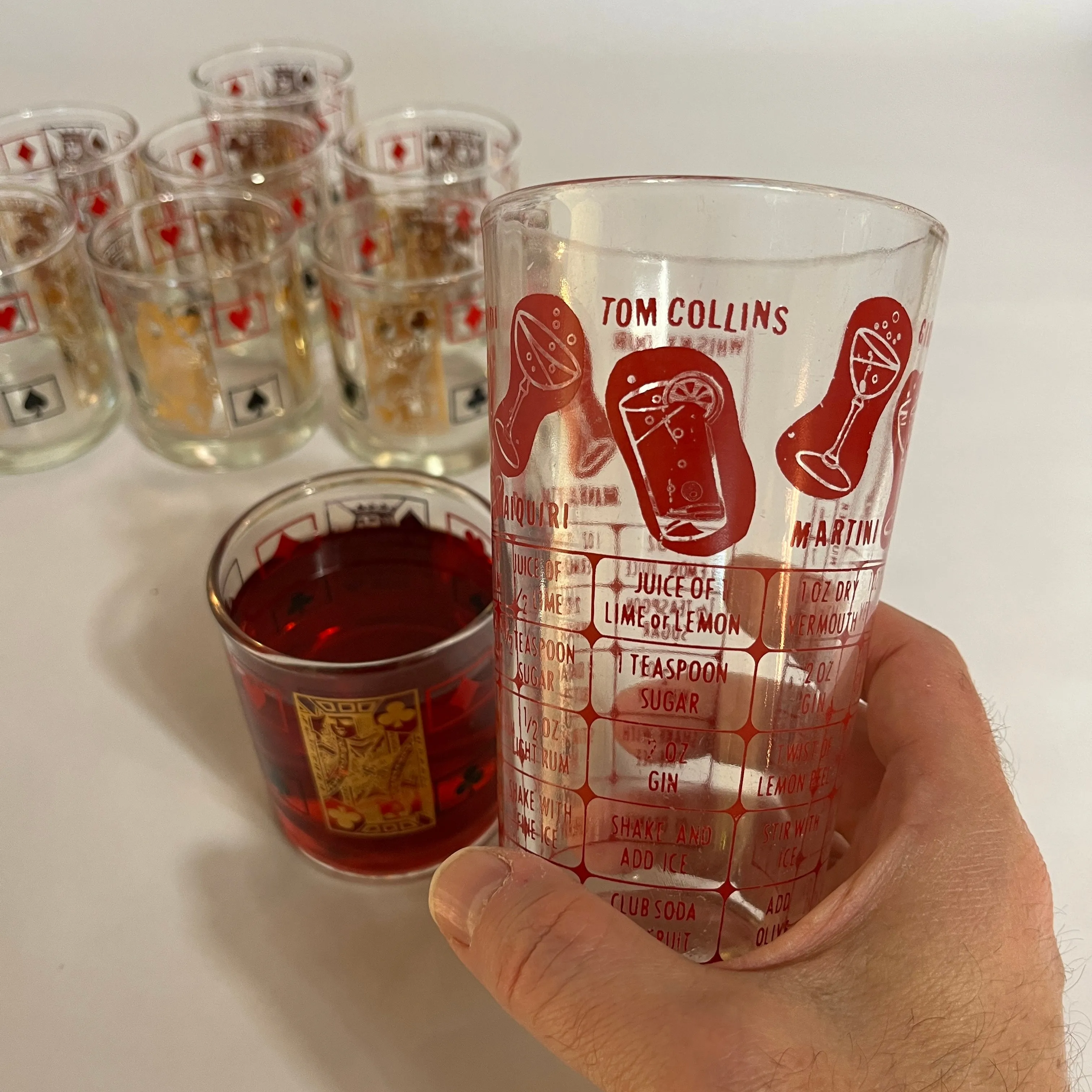 Double Old Fashion Card-Themed Vintage Drinks Glasses with Shaker, Set of 9