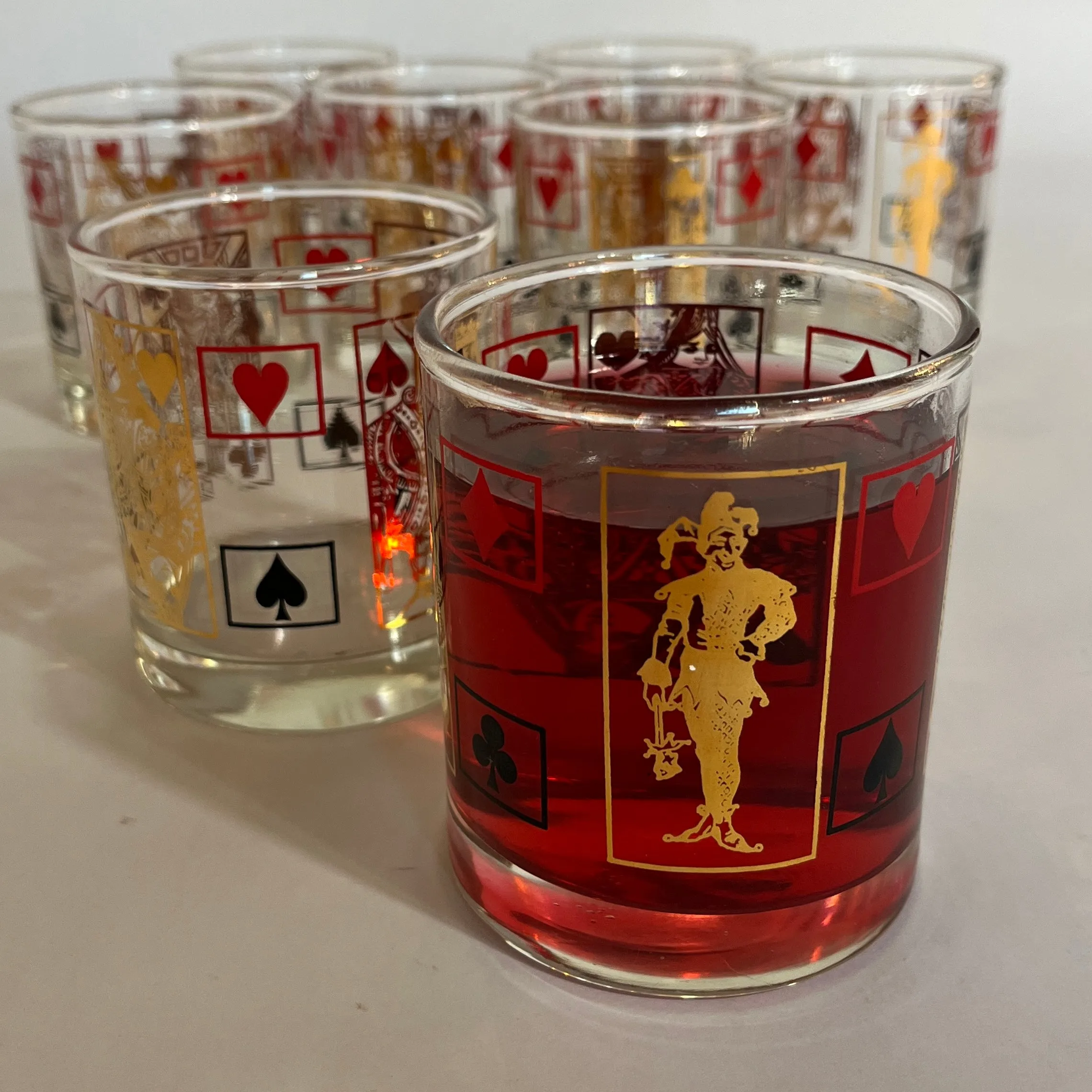 Double Old Fashion Card-Themed Vintage Drinks Glasses with Shaker, Set of 9
