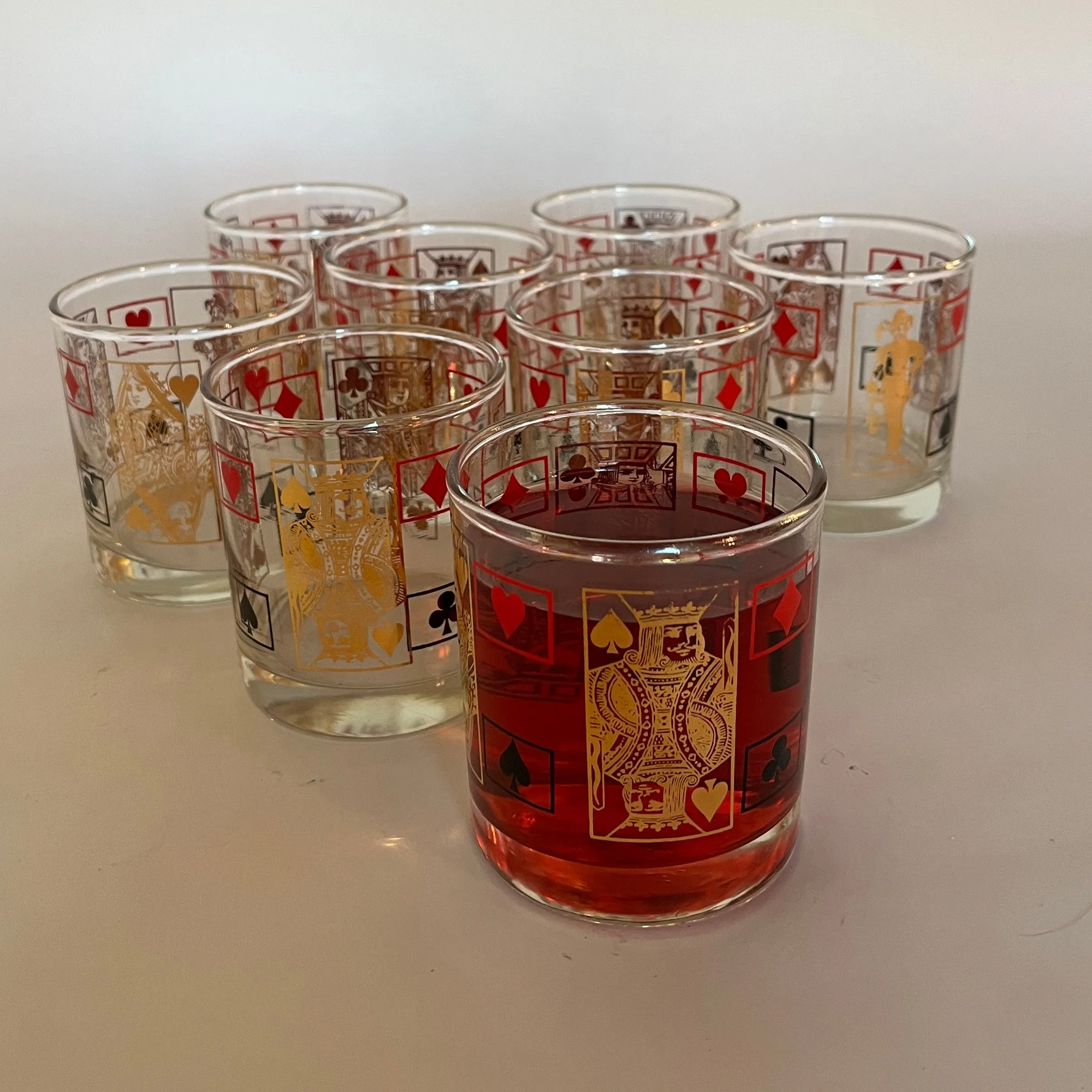 Double Old Fashion Card-Themed Vintage Drinks Glasses with Shaker, Set of 9