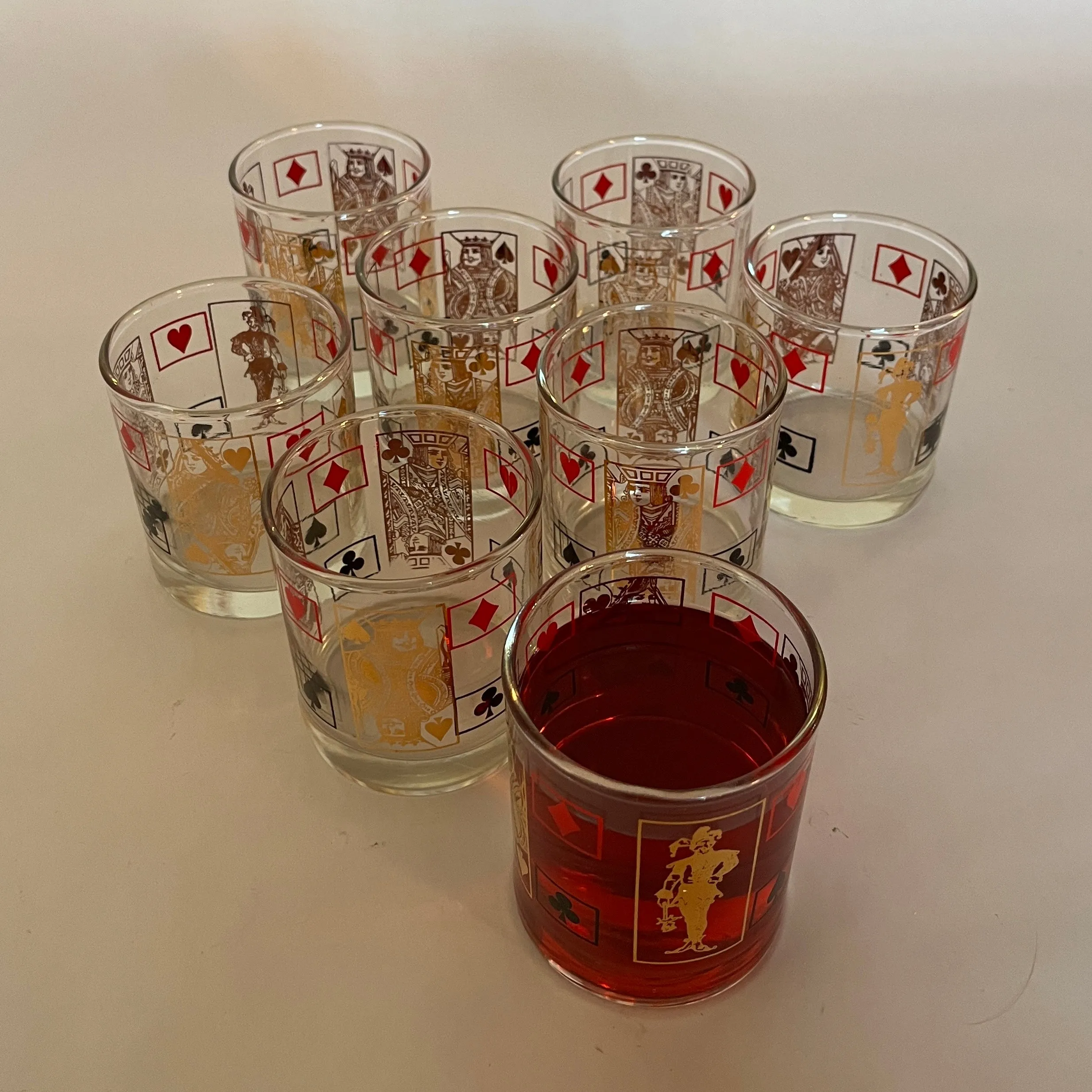 Double Old Fashion Card-Themed Vintage Drinks Glasses with Shaker, Set of 9