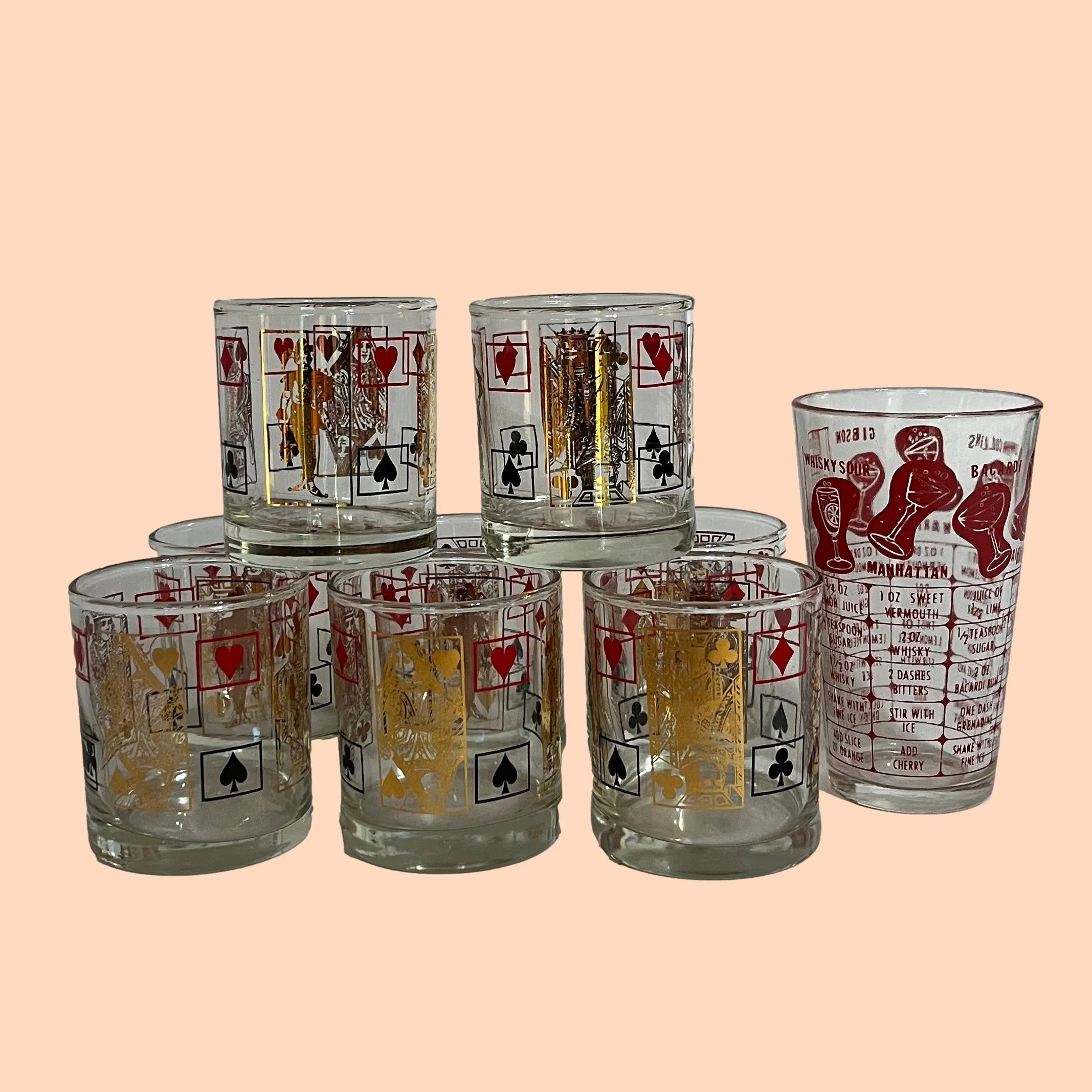 Double Old Fashion Card-Themed Vintage Drinks Glasses with Shaker, Set of 9