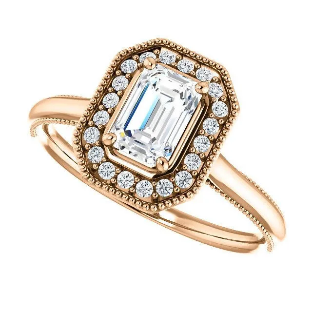 Elegant Vintage Inspired 14K Rose Gold Emerald Shape Moissanite Engagement Ring