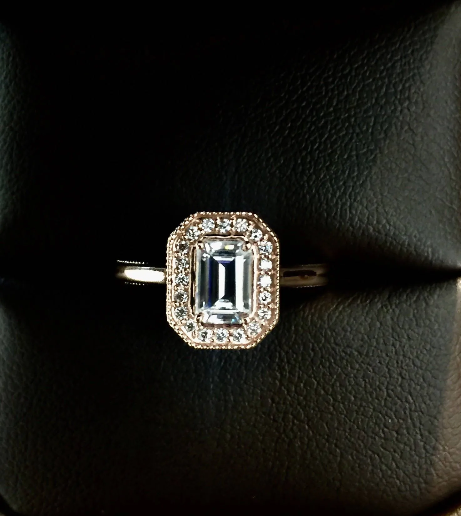 Elegant Vintage Inspired 14K Rose Gold Emerald Shape Moissanite Engagement Ring