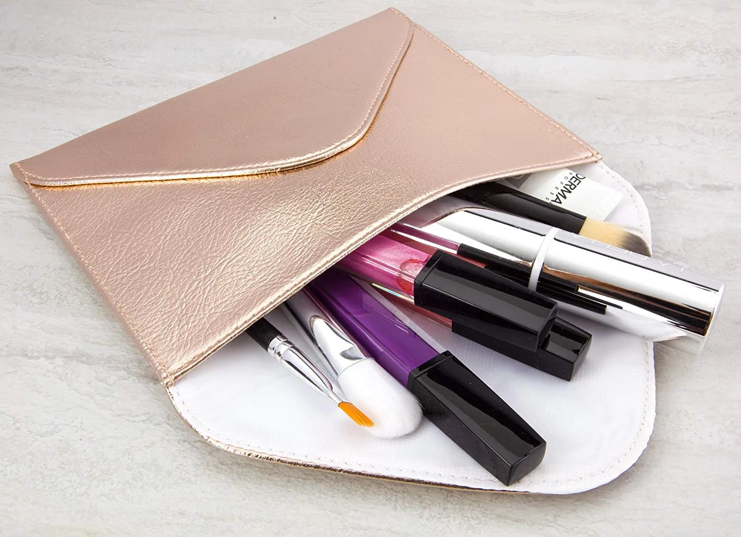 Extra-Small Envelope Clutch Bag, 6.7 x 5.2 inches, Metallic Rose Gold For Cosmetics, Makeup, Cellphone, and Wallet - Made of Premium Vegan Leather (XSV5)