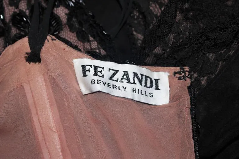 FE ZANDI Beverly Hills Beaded Black Lace Chiffon Gown Size 4 - 6