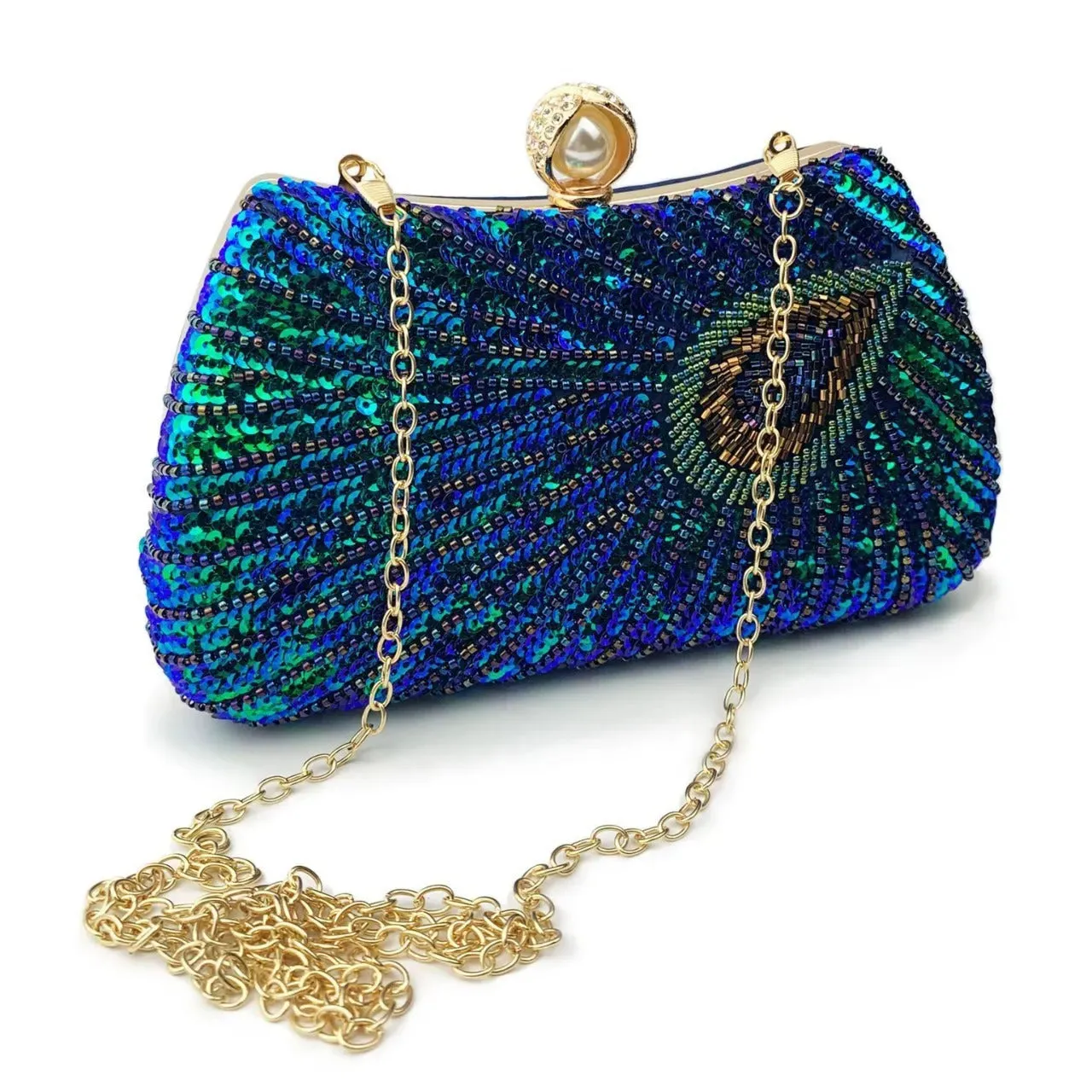 Feather Shoulder Bag Beaded Peacock Large Pearl