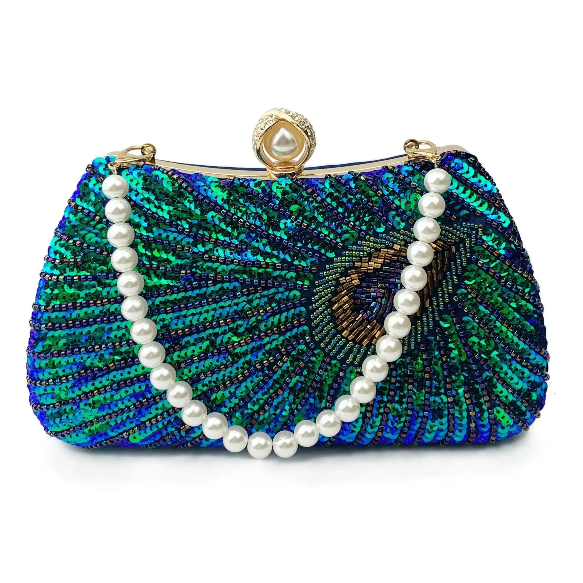 Feather Shoulder Bag Beaded Peacock Large Pearl