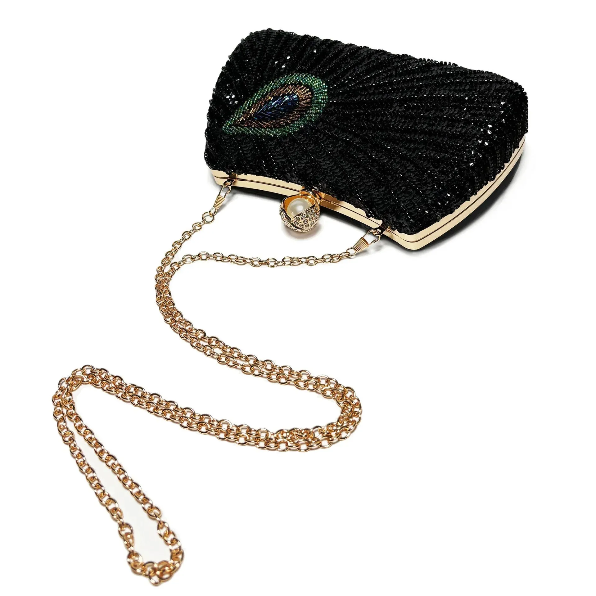 Feather Shoulder Bag Beaded Peacock Large Pearl