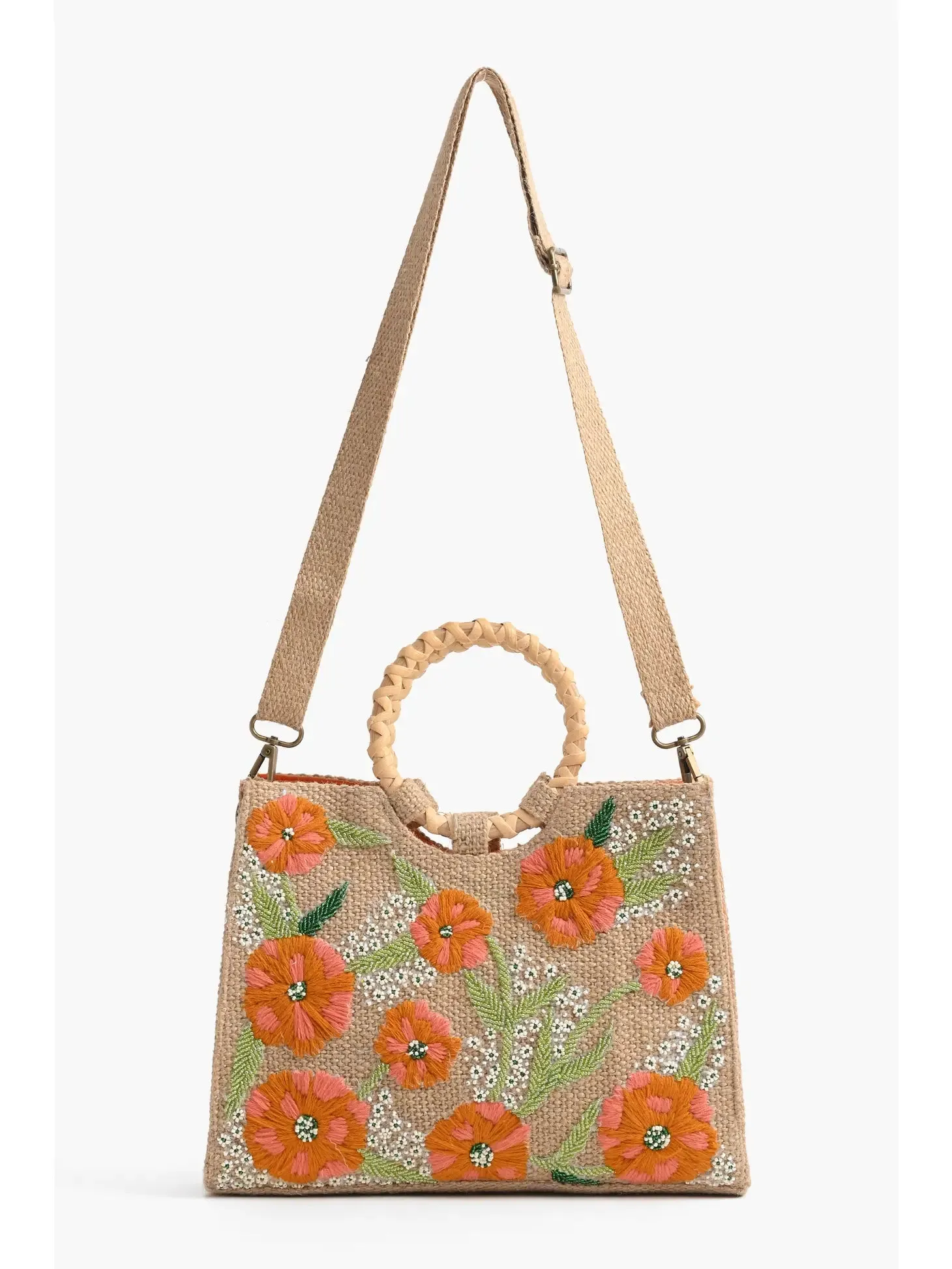 Floral Beaded Jute Shoulder bag