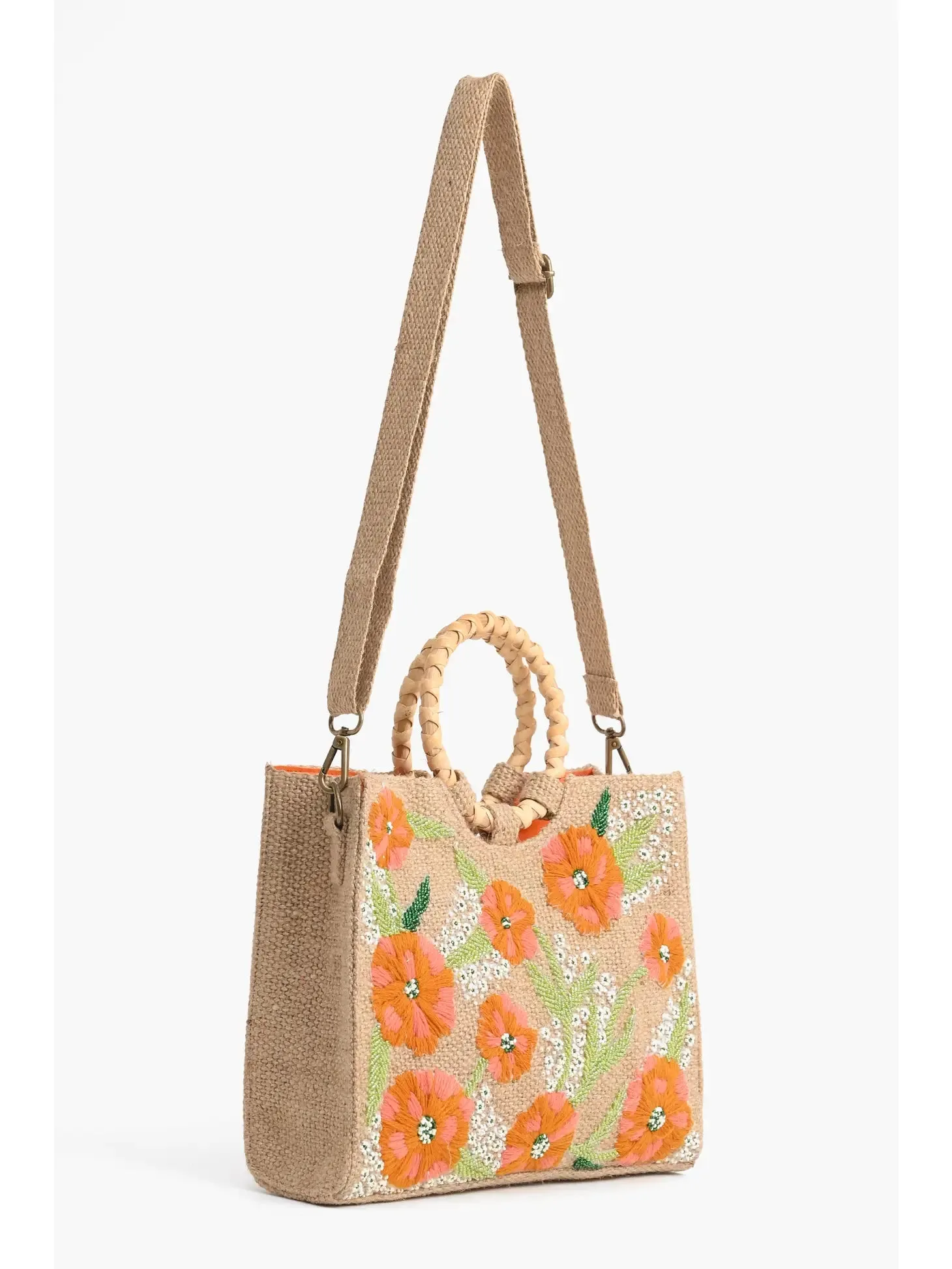 Floral Beaded Jute Shoulder bag