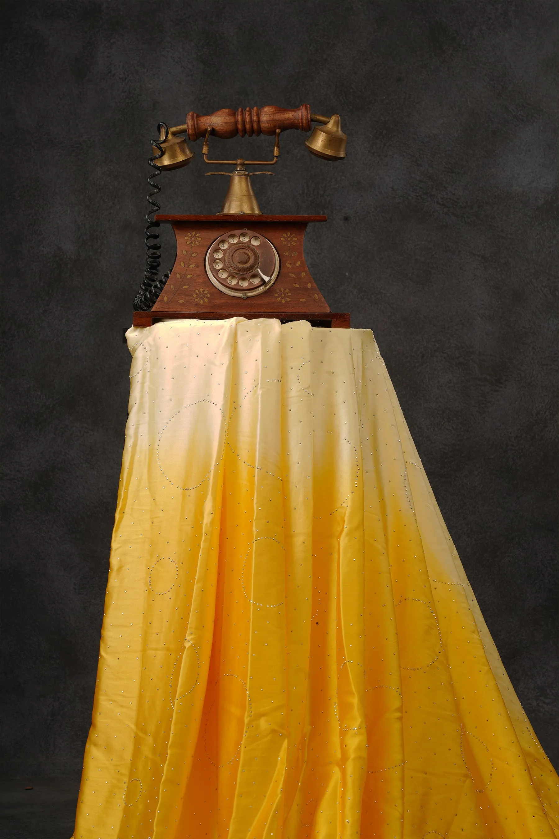 Japan Satin Saree with Diamond Studs in Light and Dark Yellow Shades