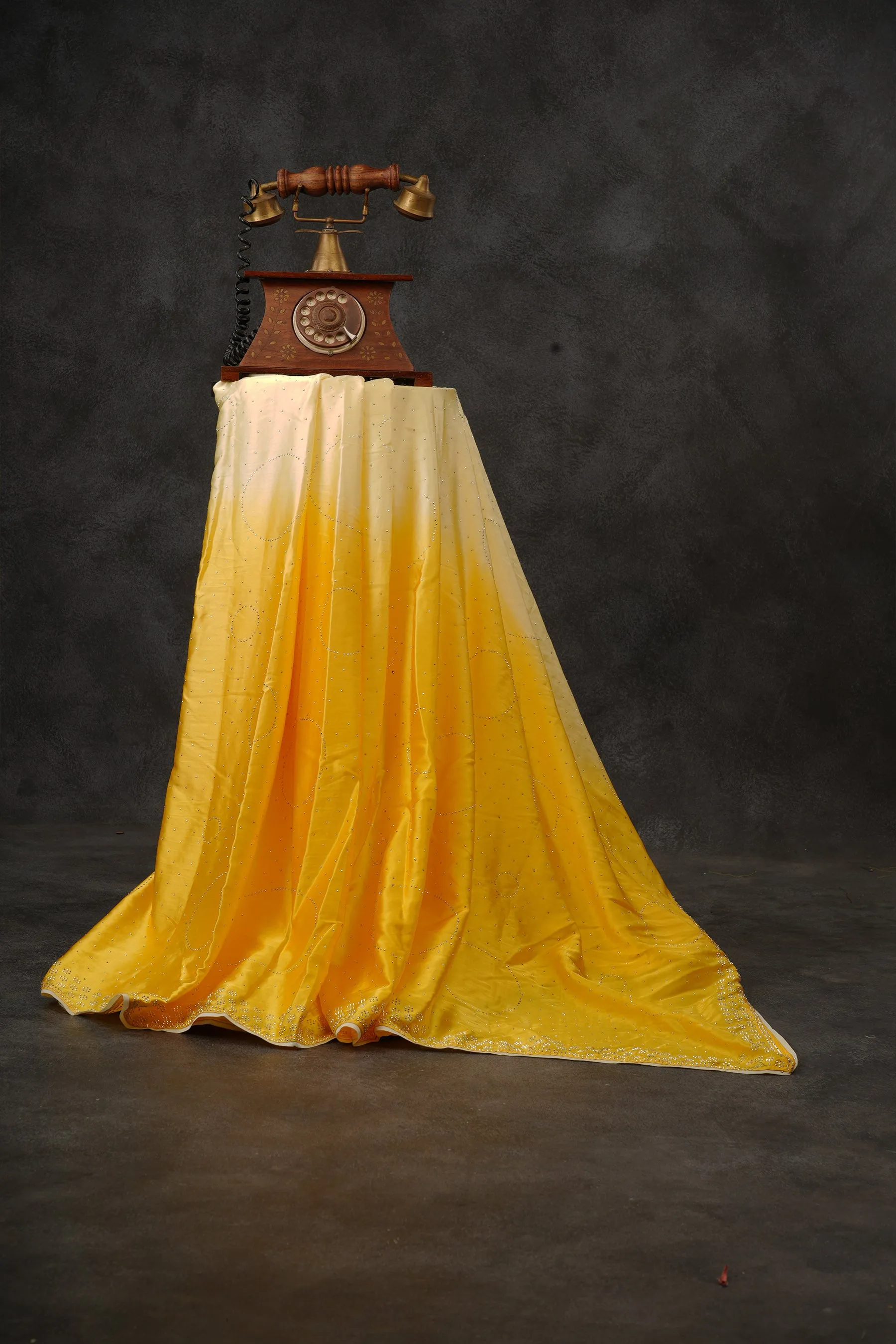 Japan Satin Saree with Diamond Studs in Light and Dark Yellow Shades