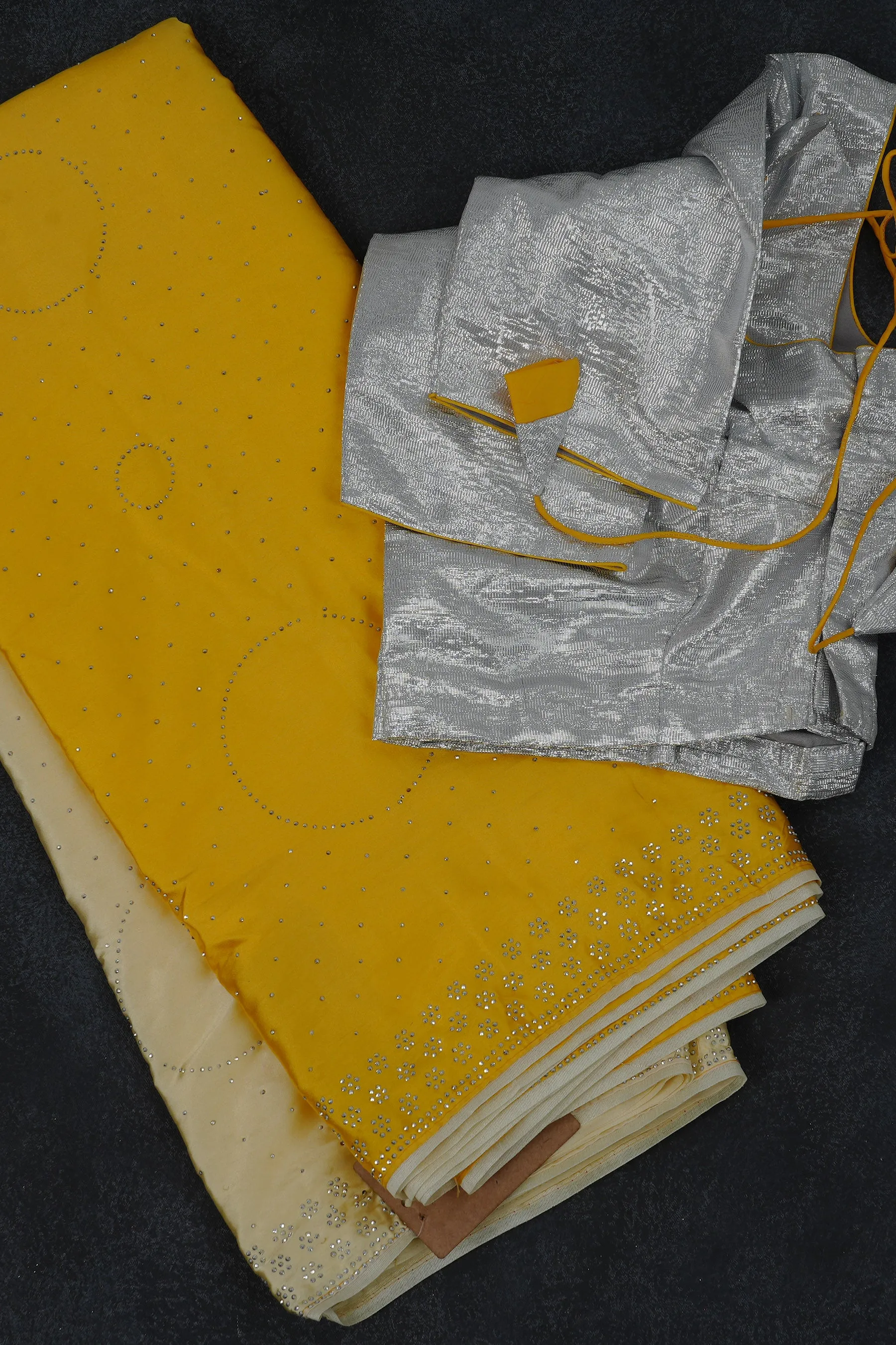 Japan Satin Saree with Diamond Studs in Light and Dark Yellow Shades