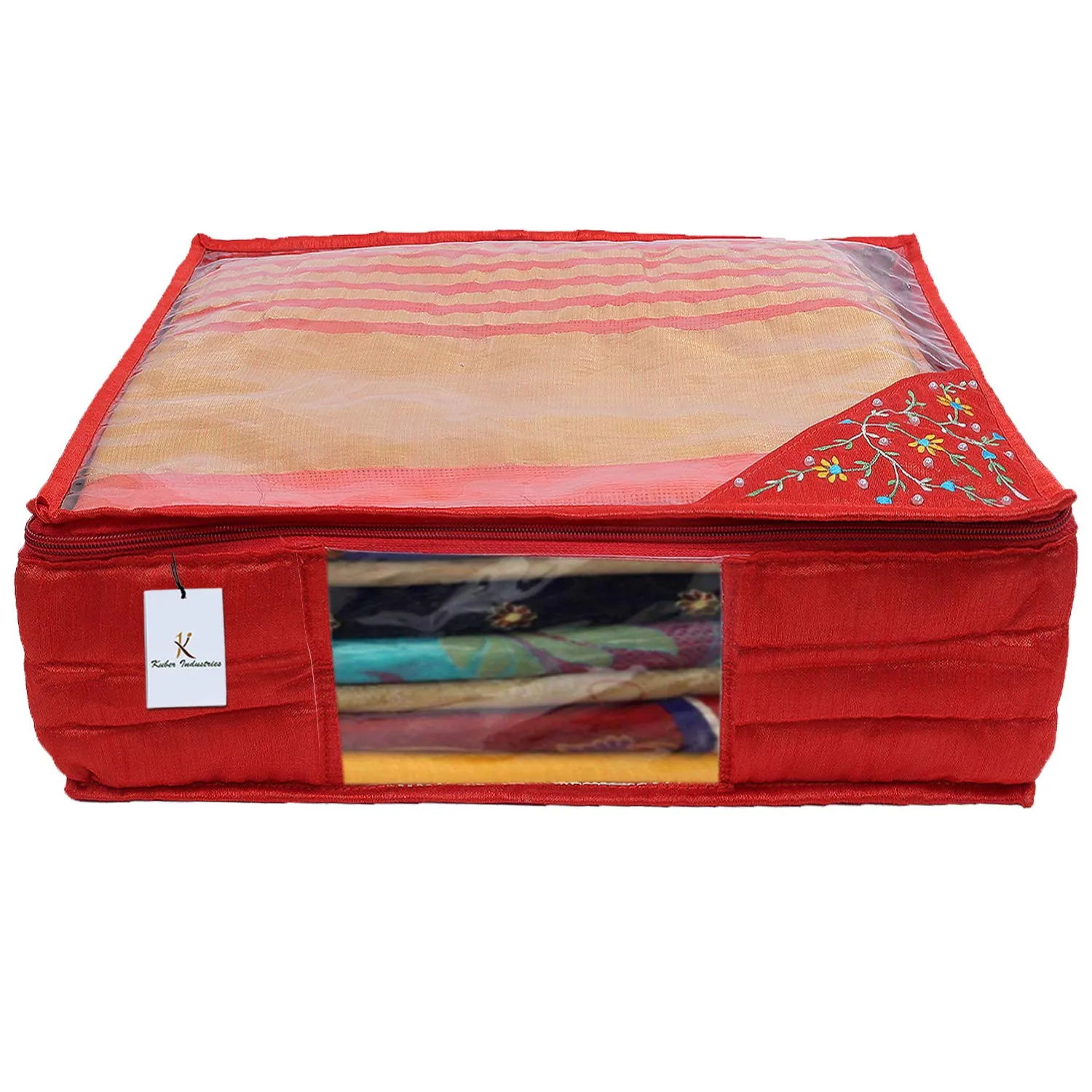 Kuber Industries 3 Layered Quilted Silk 4 Pieces Saree Cover (Red) -CTKTC024670