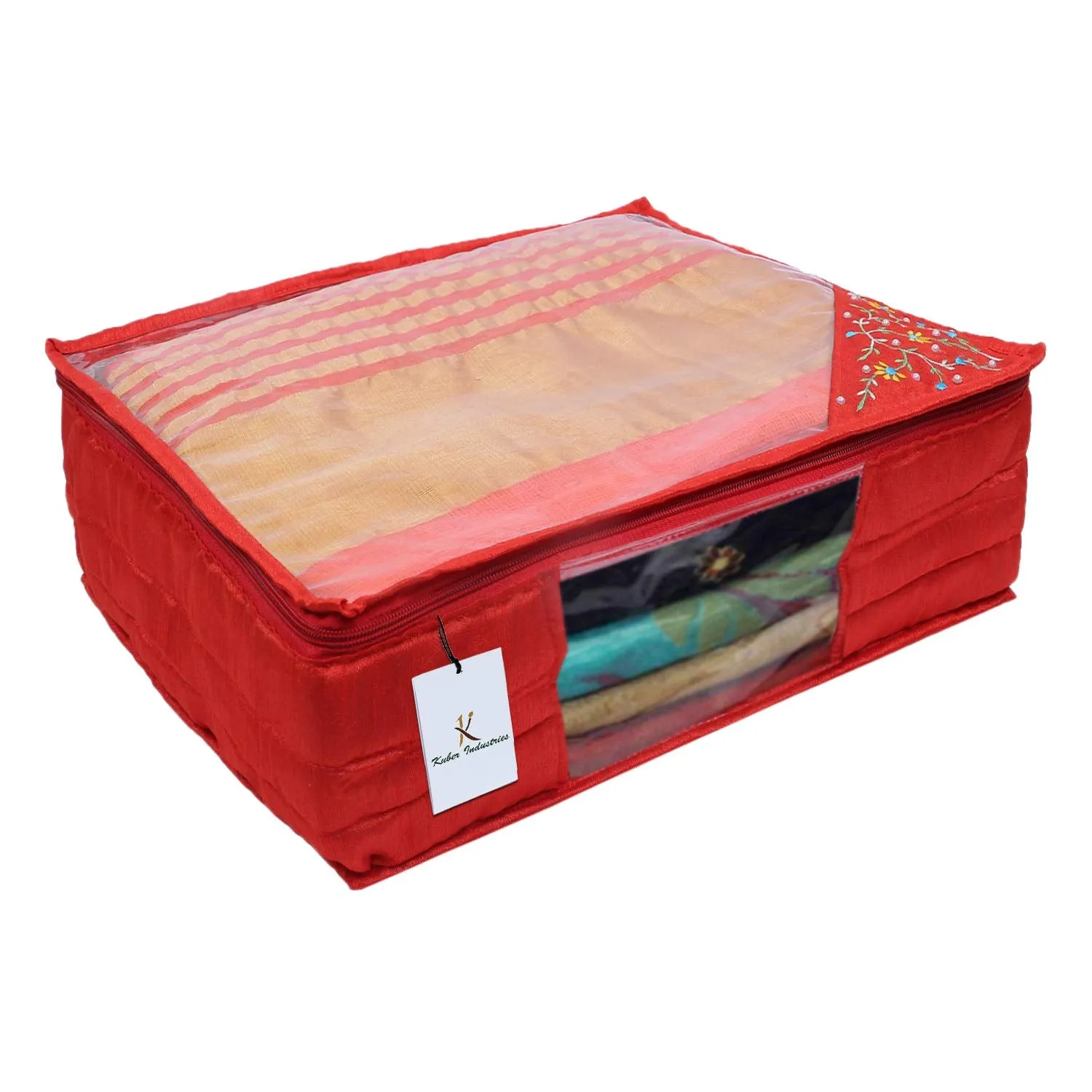 Kuber Industries 3 Layered Quilted Silk 4 Pieces Saree Cover (Red) -CTKTC024670