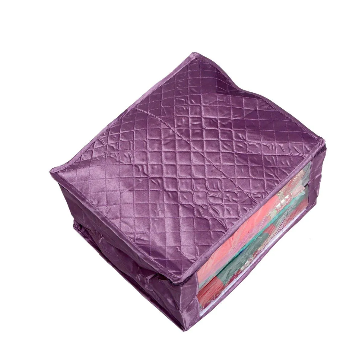 Kuber Industries Quilted Satin Saree Cover Set|Zipper Closer With Transparent Window|Size 43 x 35 x 22 CM (Purple)
