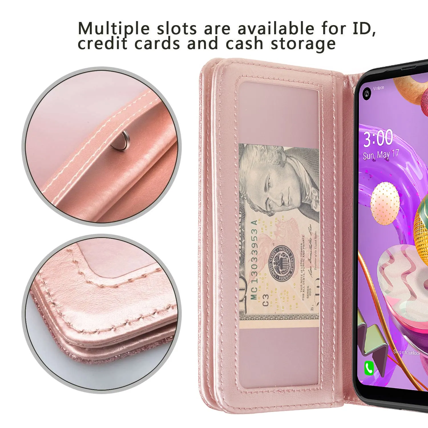 LG K51 Case, Glitter Faux Leather Flip Credit Card Holder Wrist Strap Shockproof Protective Wallet Case Clutch for K51 - Rose Gold