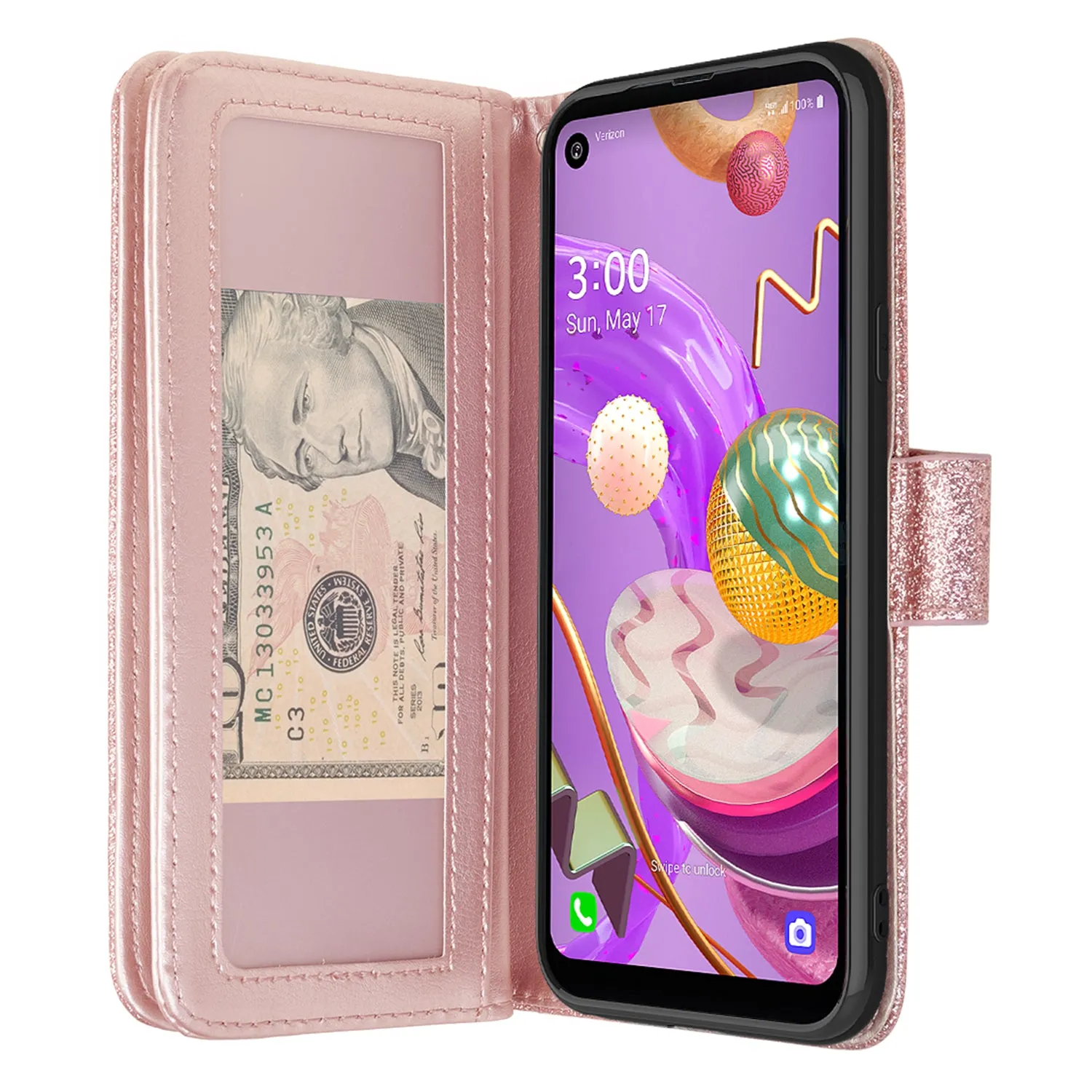 LG K51 Case, Glitter Faux Leather Flip Credit Card Holder Wrist Strap Shockproof Protective Wallet Case Clutch for K51 - Rose Gold