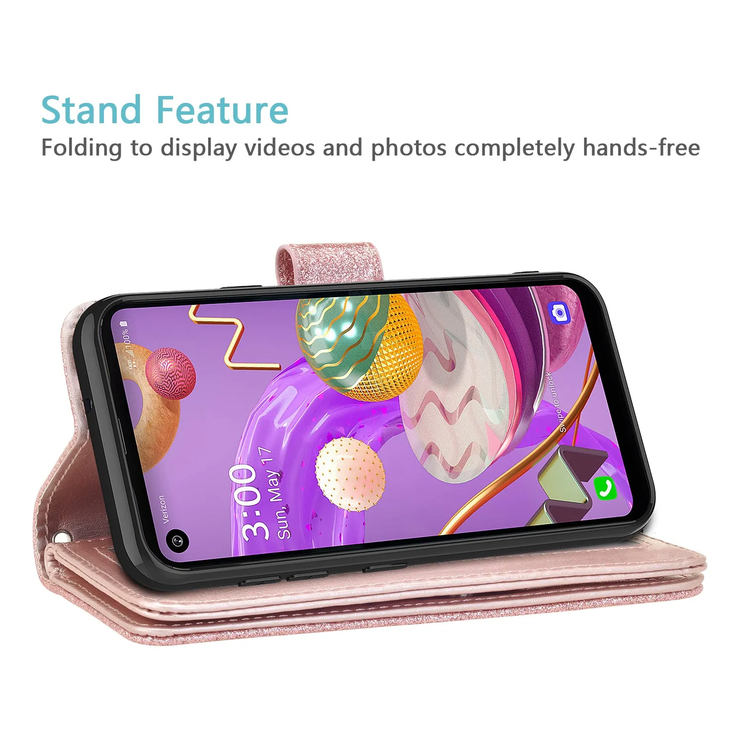 LG K51 Case, Glitter Faux Leather Flip Credit Card Holder Wrist Strap Shockproof Protective Wallet Case Clutch for K51 - Rose Gold