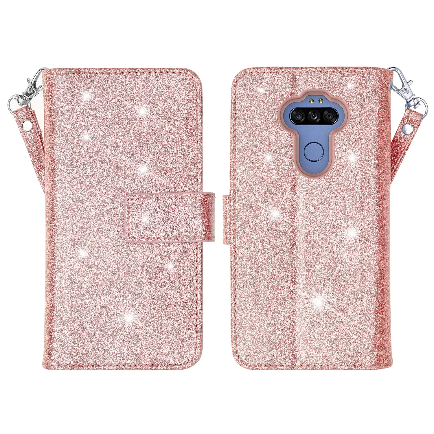 LG K51 Case, Glitter Faux Leather Flip Credit Card Holder Wrist Strap Shockproof Protective Wallet Case Clutch for K51 - Rose Gold