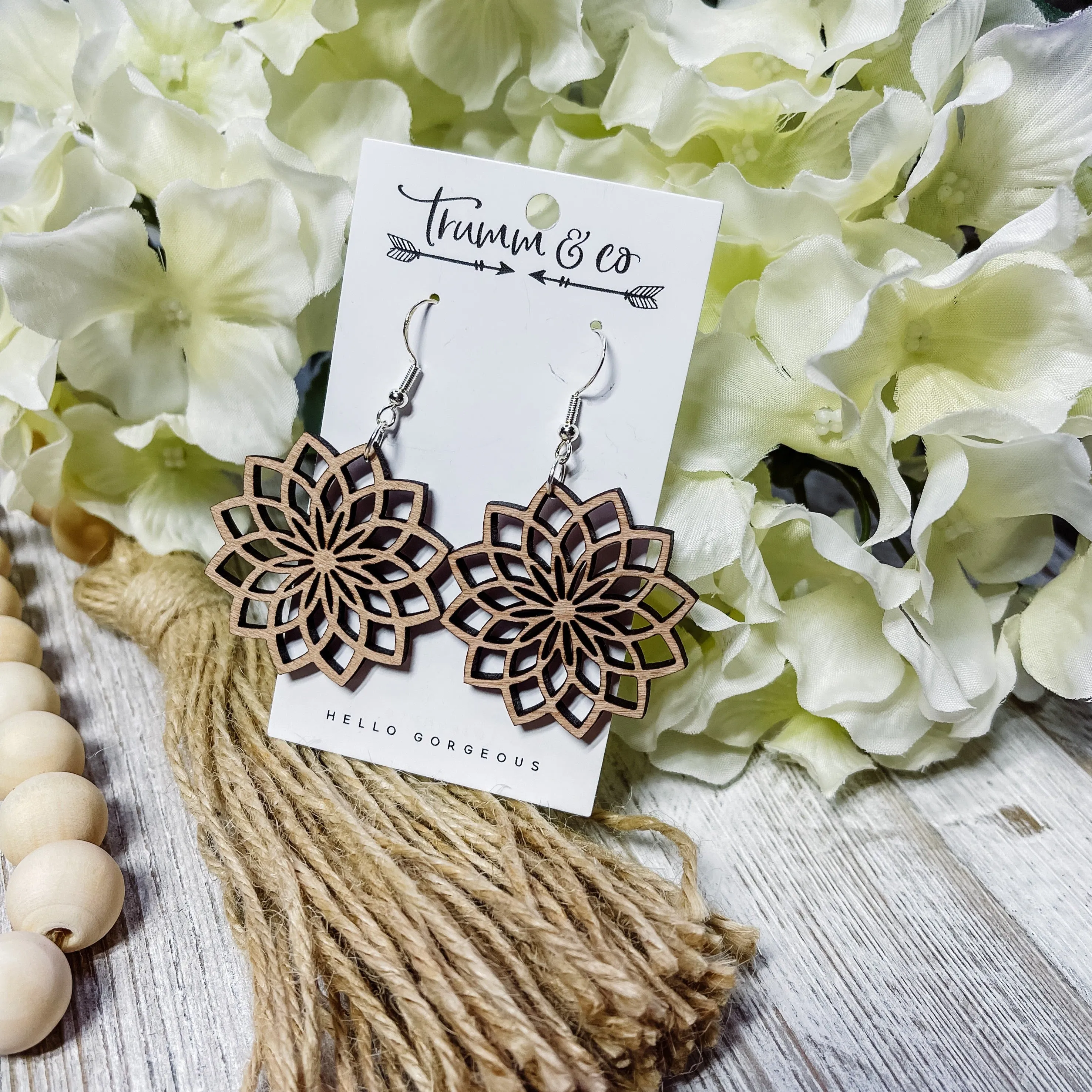 Lightweight|Wood|Earrings|Laser Cut|Intricate Flower|Trumm & Co