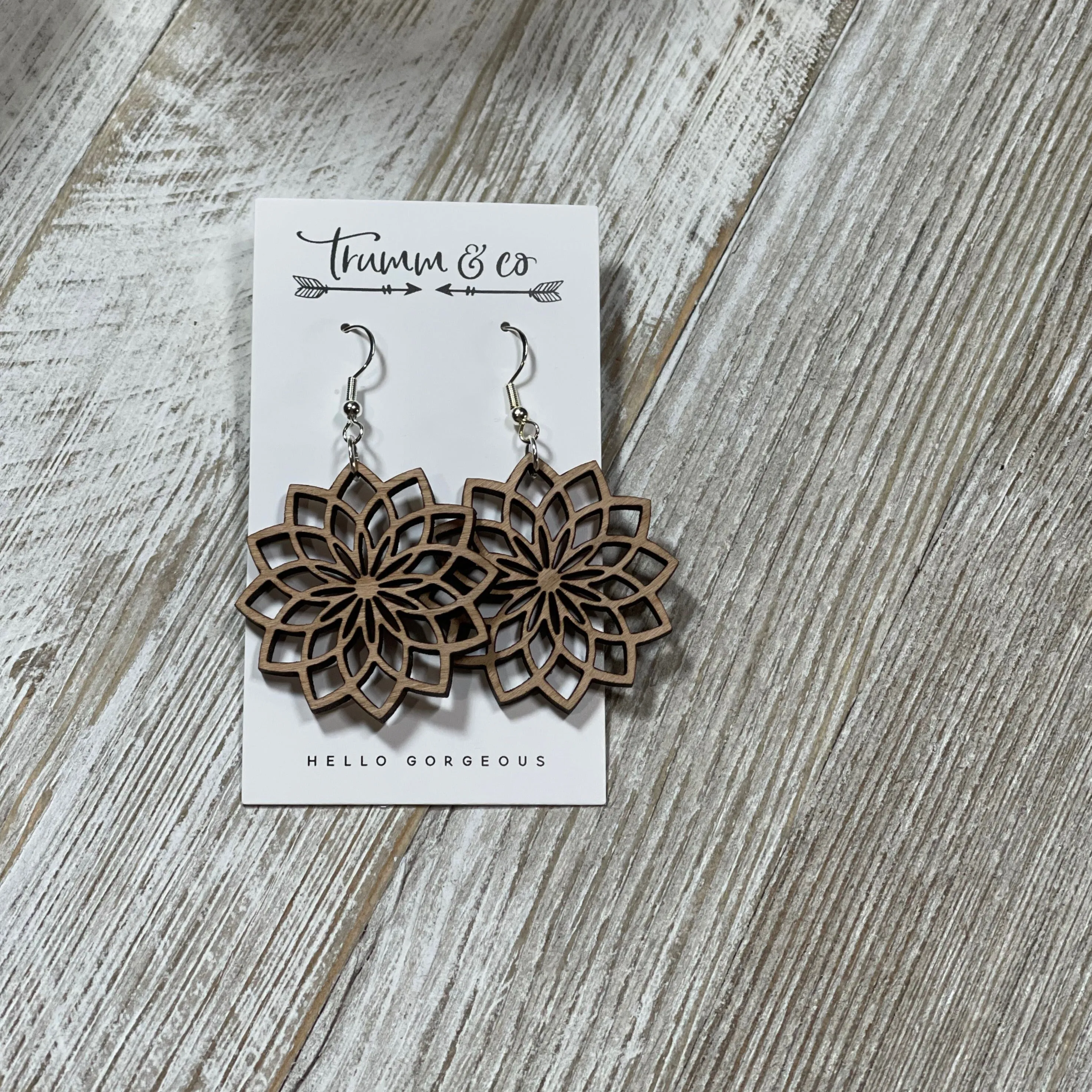 Lightweight|Wood|Earrings|Laser Cut|Intricate Flower|Trumm & Co