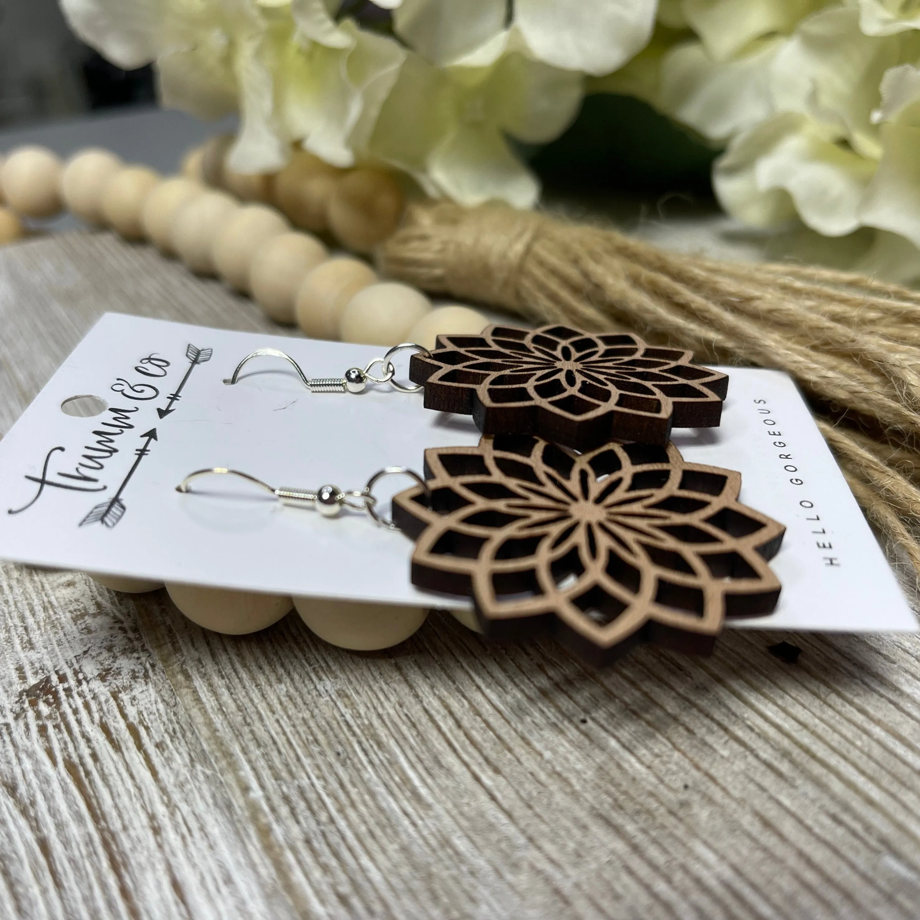 Lightweight|Wood|Earrings|Laser Cut|Intricate Flower|Trumm & Co