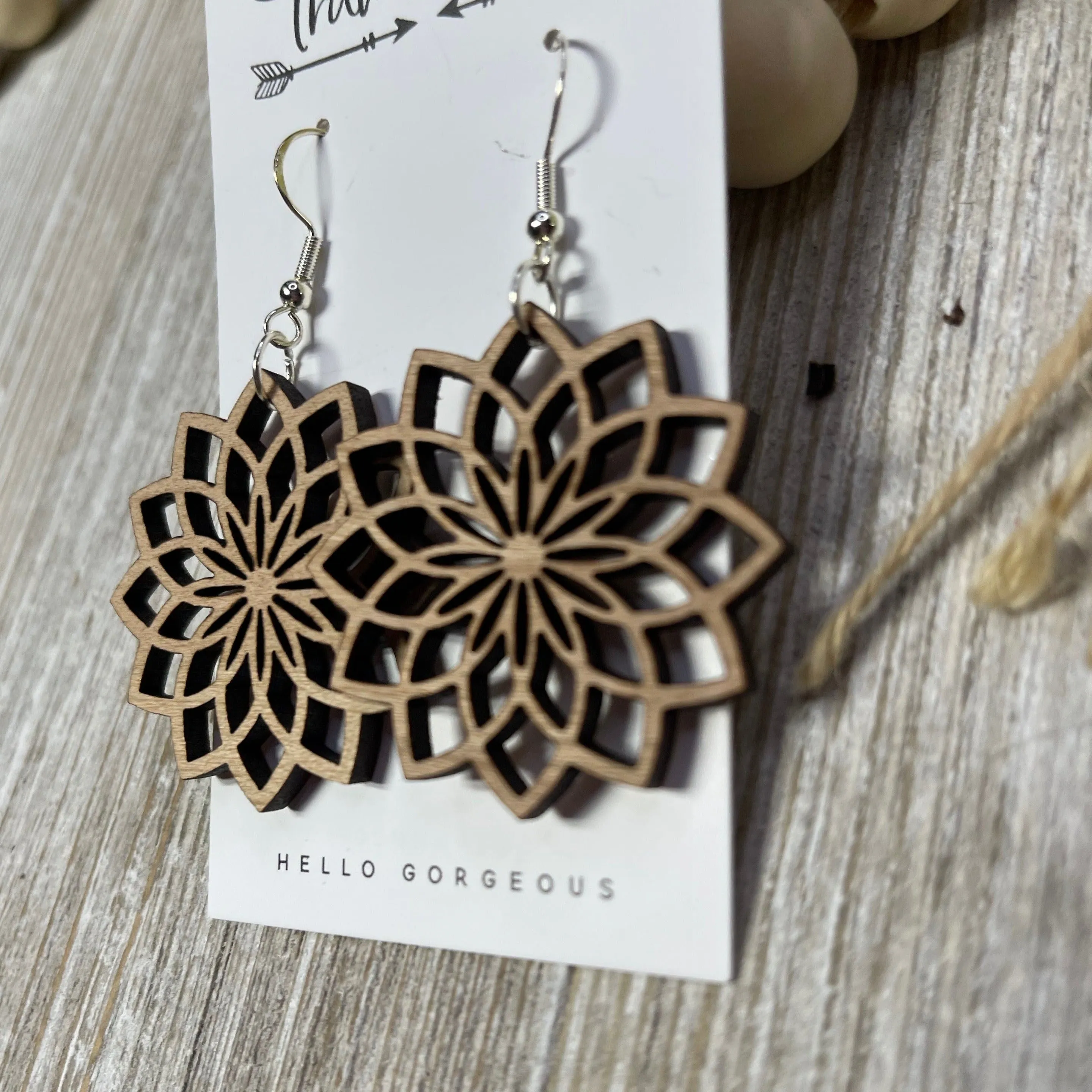 Lightweight|Wood|Earrings|Laser Cut|Intricate Flower|Trumm & Co