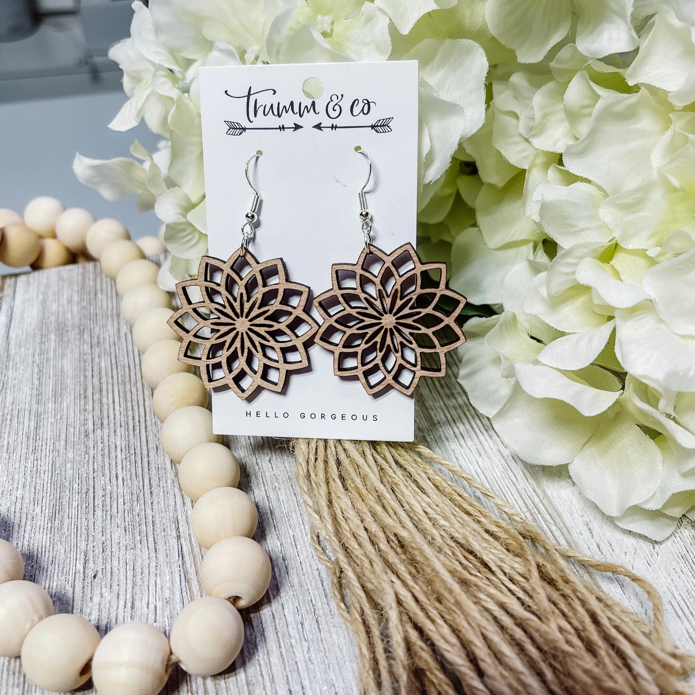 Lightweight|Wood|Earrings|Laser Cut|Intricate Flower|Trumm & Co