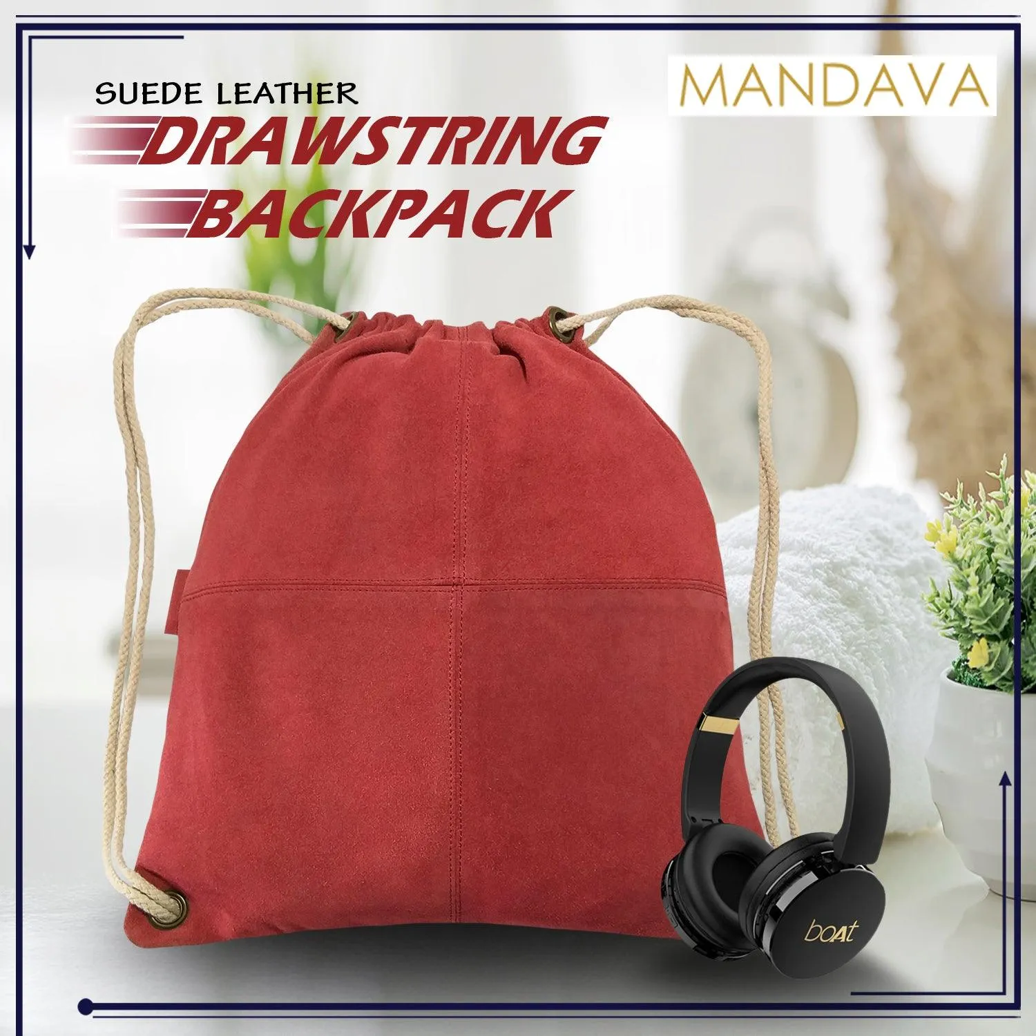 MANDAVA Suede Leather Drawstring Backpack Unisex Sack Cinch School/College/Gym Bag (Maroon)