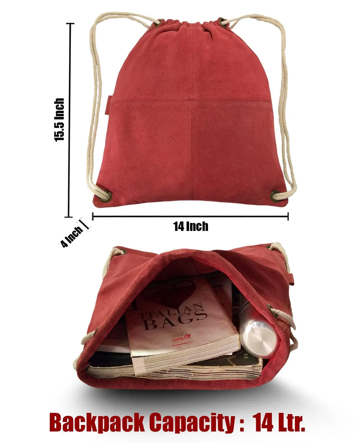 MANDAVA Suede Leather Drawstring Backpack Unisex Sack Cinch School/College/Gym Bag (Maroon)