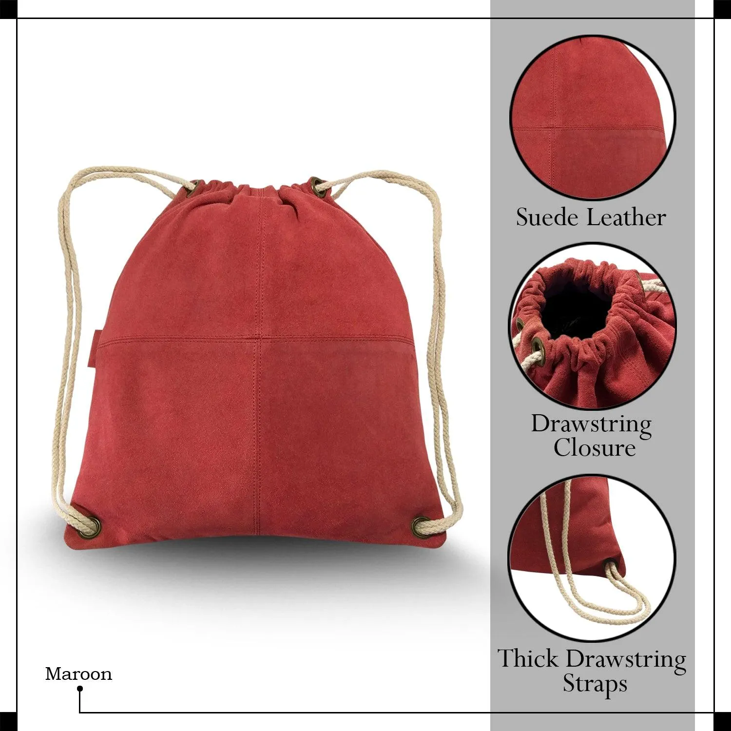 MANDAVA Suede Leather Drawstring Backpack Unisex Sack Cinch School/College/Gym Bag (Maroon)