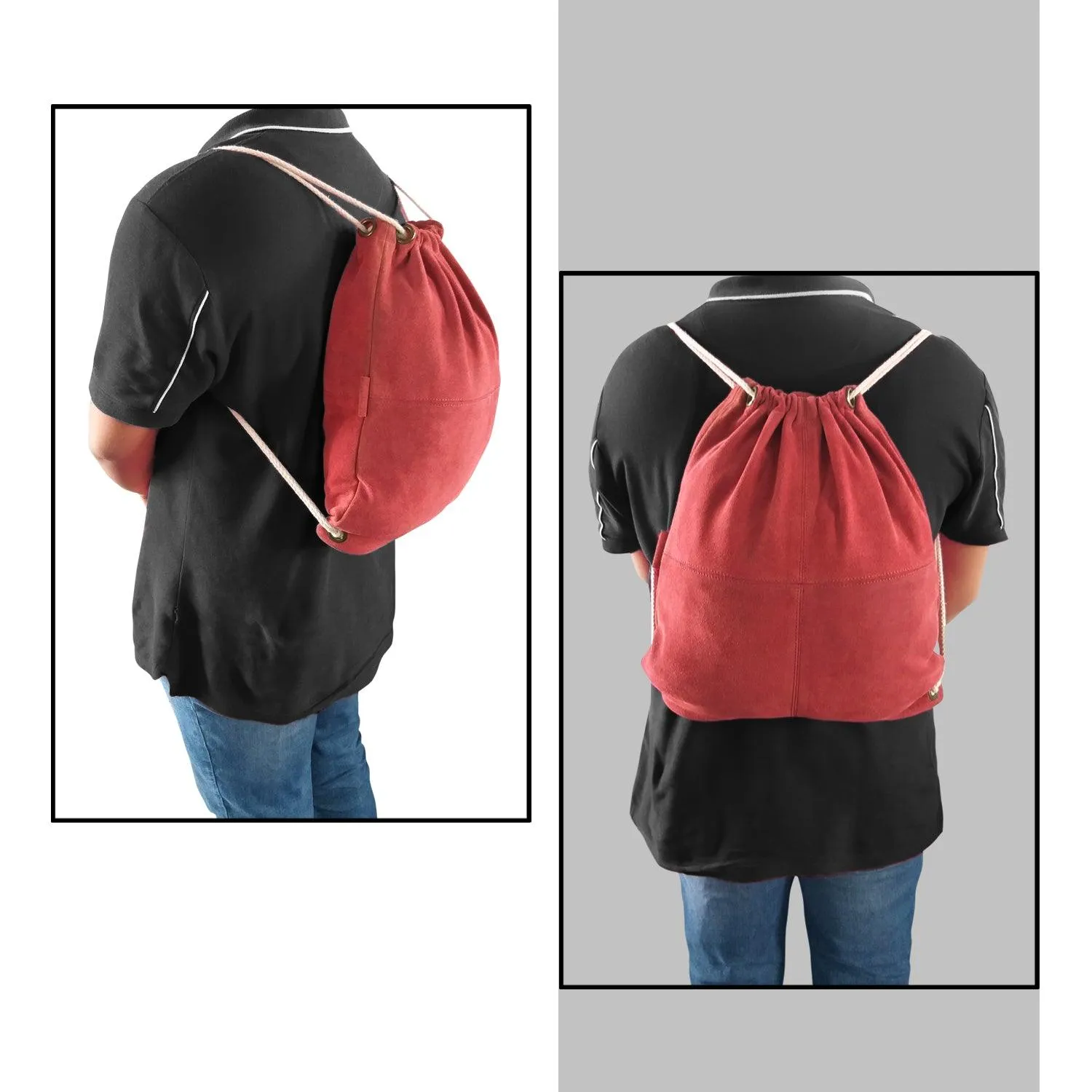 MANDAVA Suede Leather Drawstring Backpack Unisex Sack Cinch School/College/Gym Bag (Maroon)