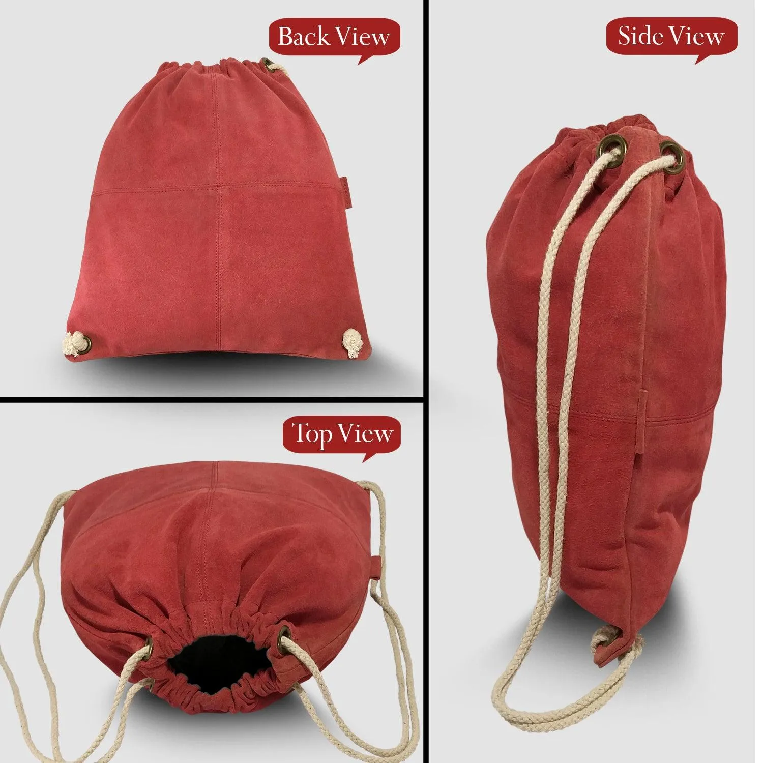 MANDAVA Suede Leather Drawstring Backpack Unisex Sack Cinch School/College/Gym Bag (Maroon)