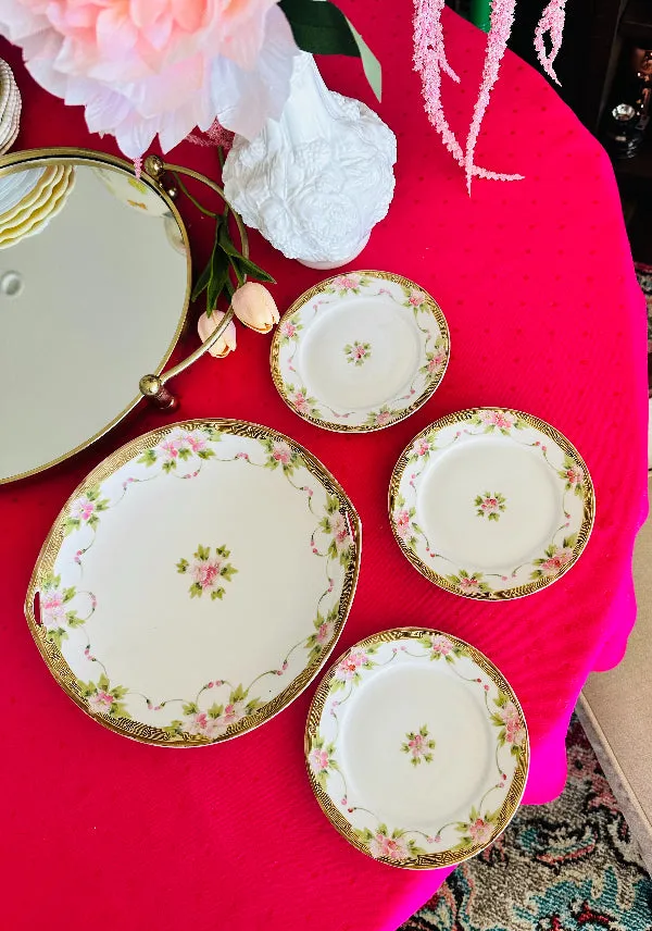 Nippon Dessert Plates and Serving Platter 4 Piece Set - Hand Painted