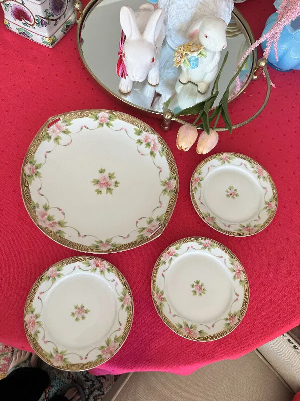 Nippon Dessert Plates and Serving Platter 4 Piece Set - Hand Painted