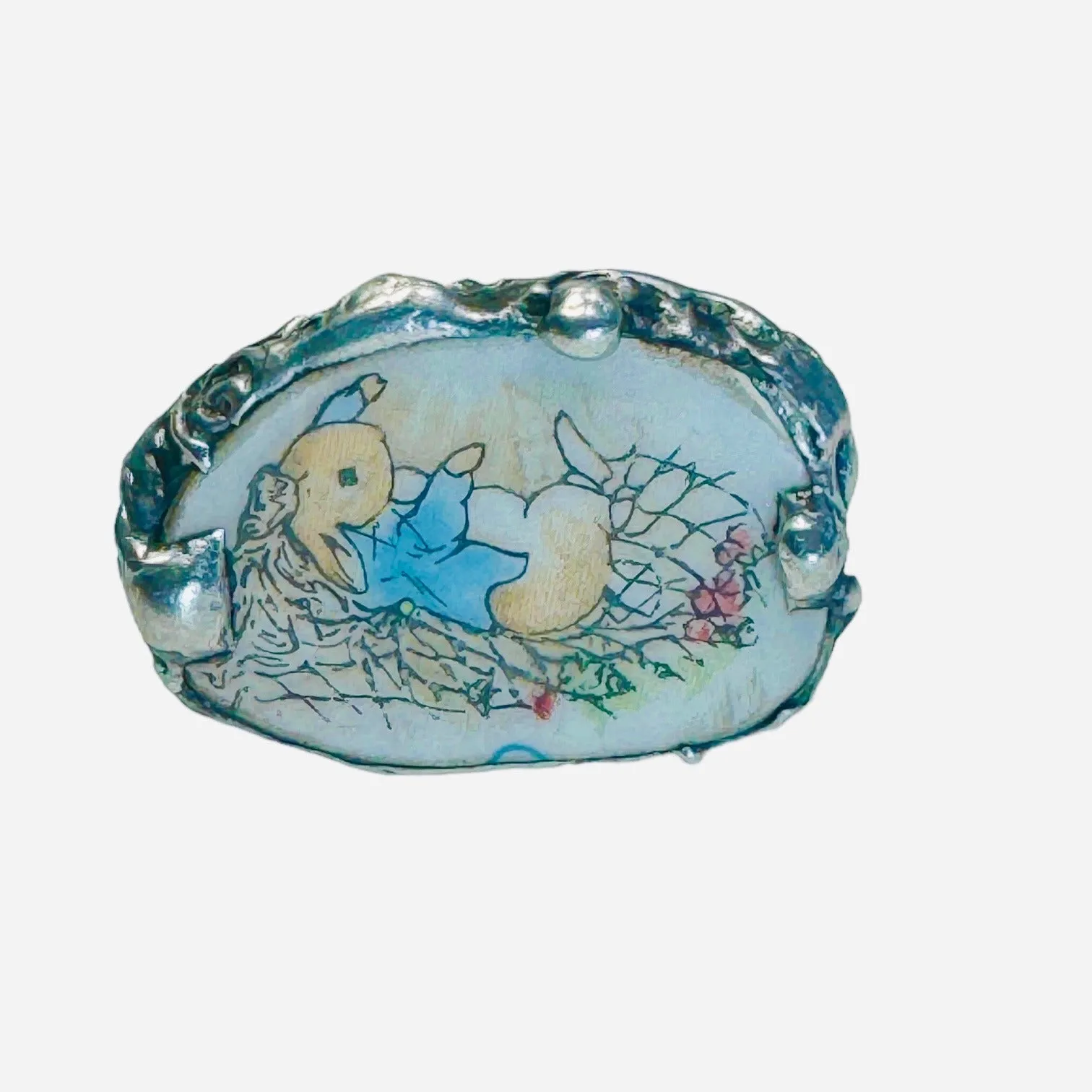 Peter Rabbit & Silverware Artisan Ring made from Broken China & Spoon Handle