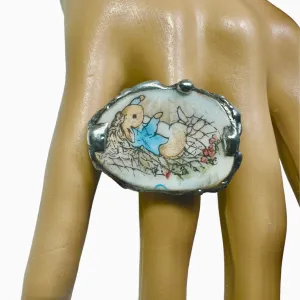 Peter Rabbit & Silverware Artisan Ring made from Broken China & Spoon Handle
