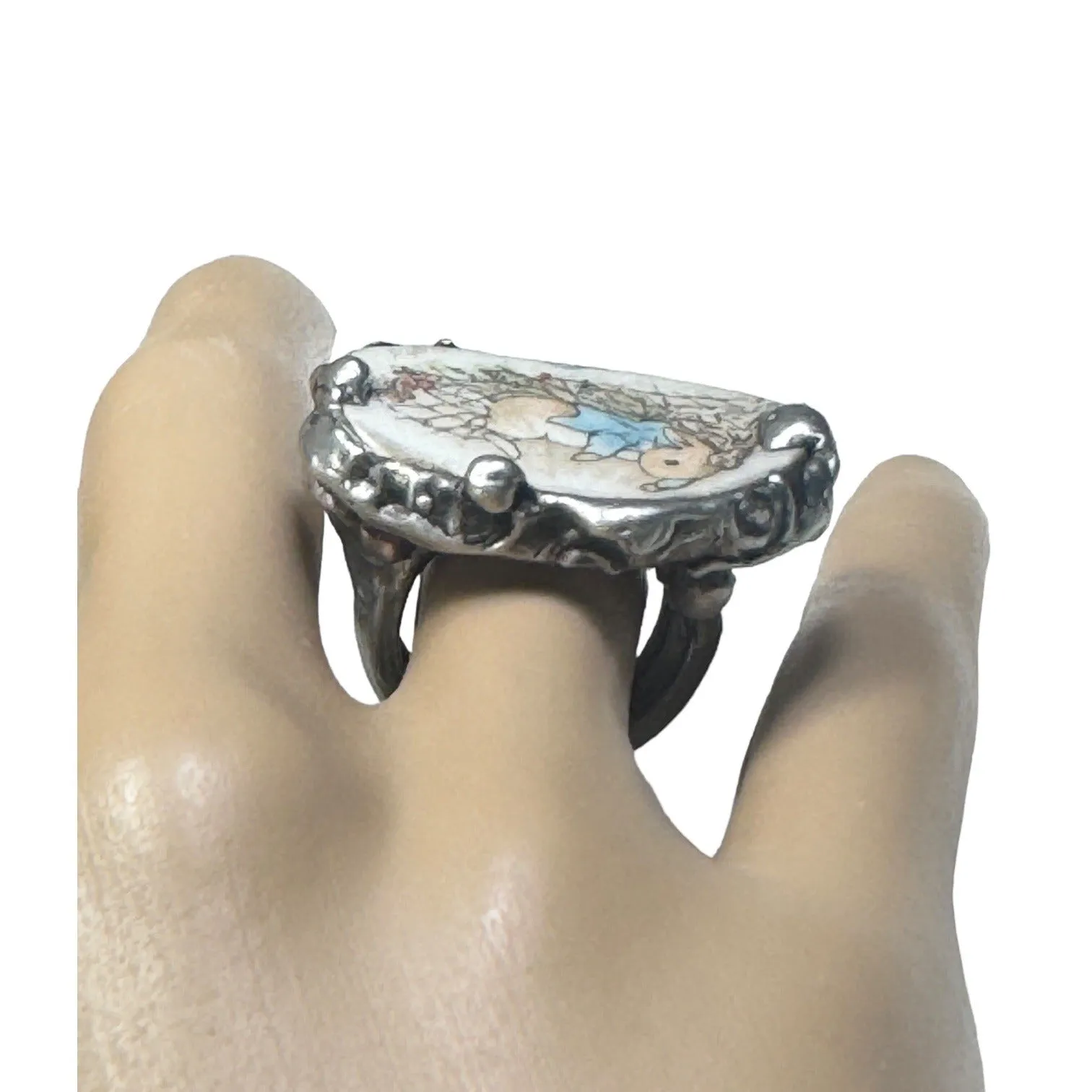 Peter Rabbit & Silverware Artisan Ring made from Broken China & Spoon Handle