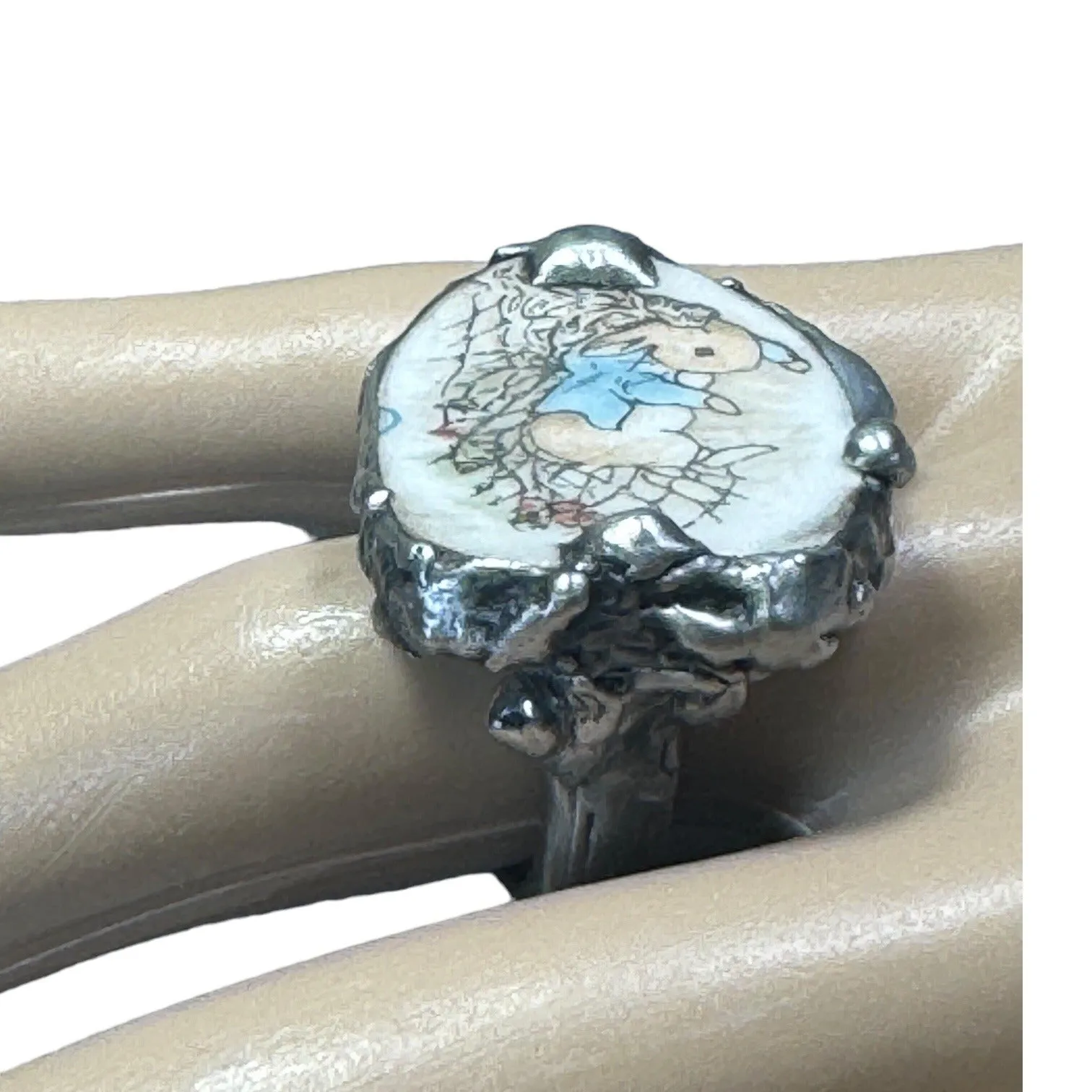 Peter Rabbit & Silverware Artisan Ring made from Broken China & Spoon Handle