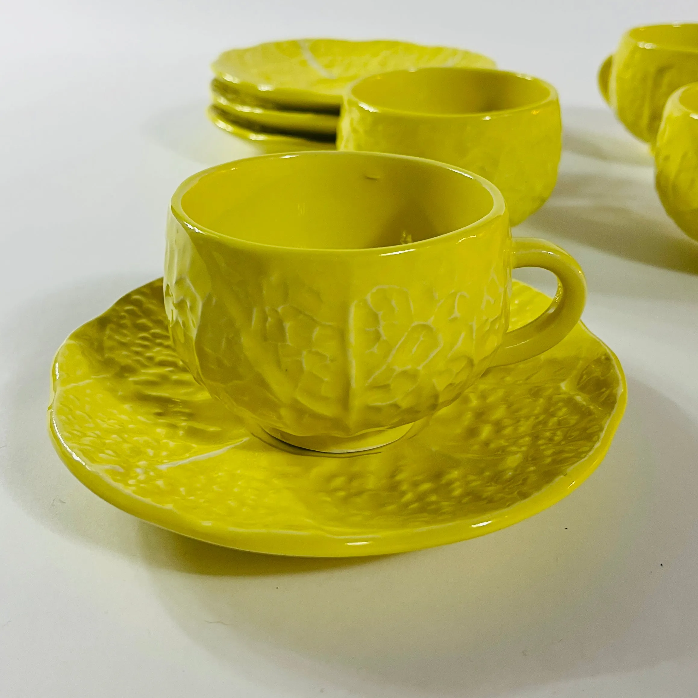 Portuguese Yellow Cabbage Cups and Saucers, Set of 4