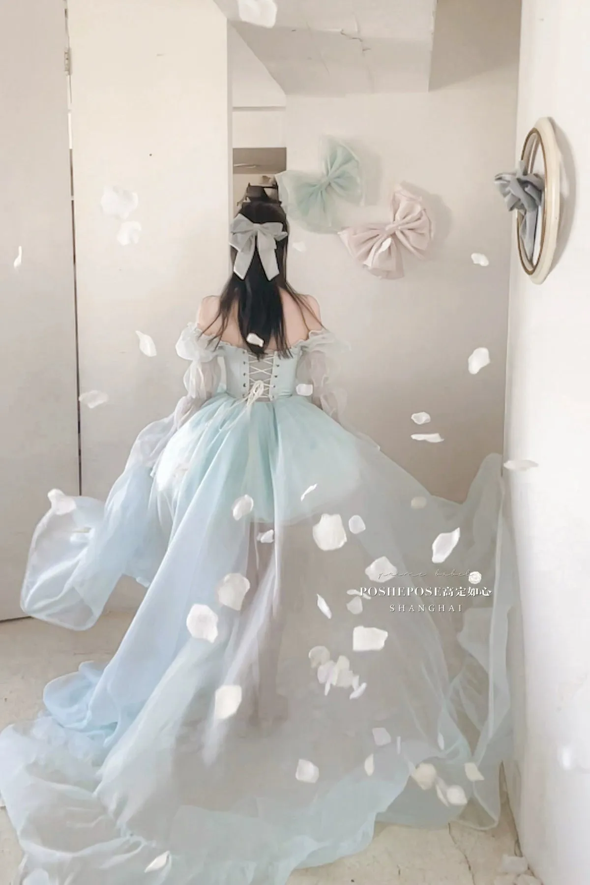 POSHEPOSE~Water Color Cherry~Gorgeous Blue Lolita JSK Dress Summer Gown Dress