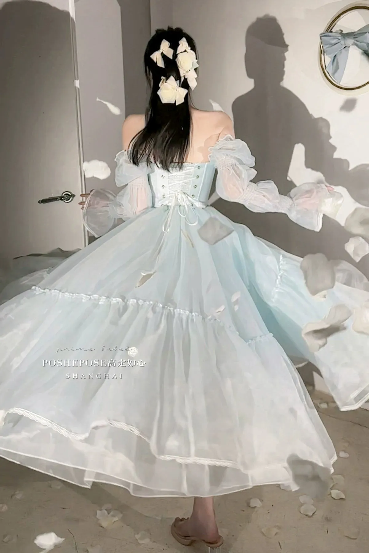 POSHEPOSE~Water Color Cherry~Gorgeous Blue Lolita JSK Dress Summer Gown Dress