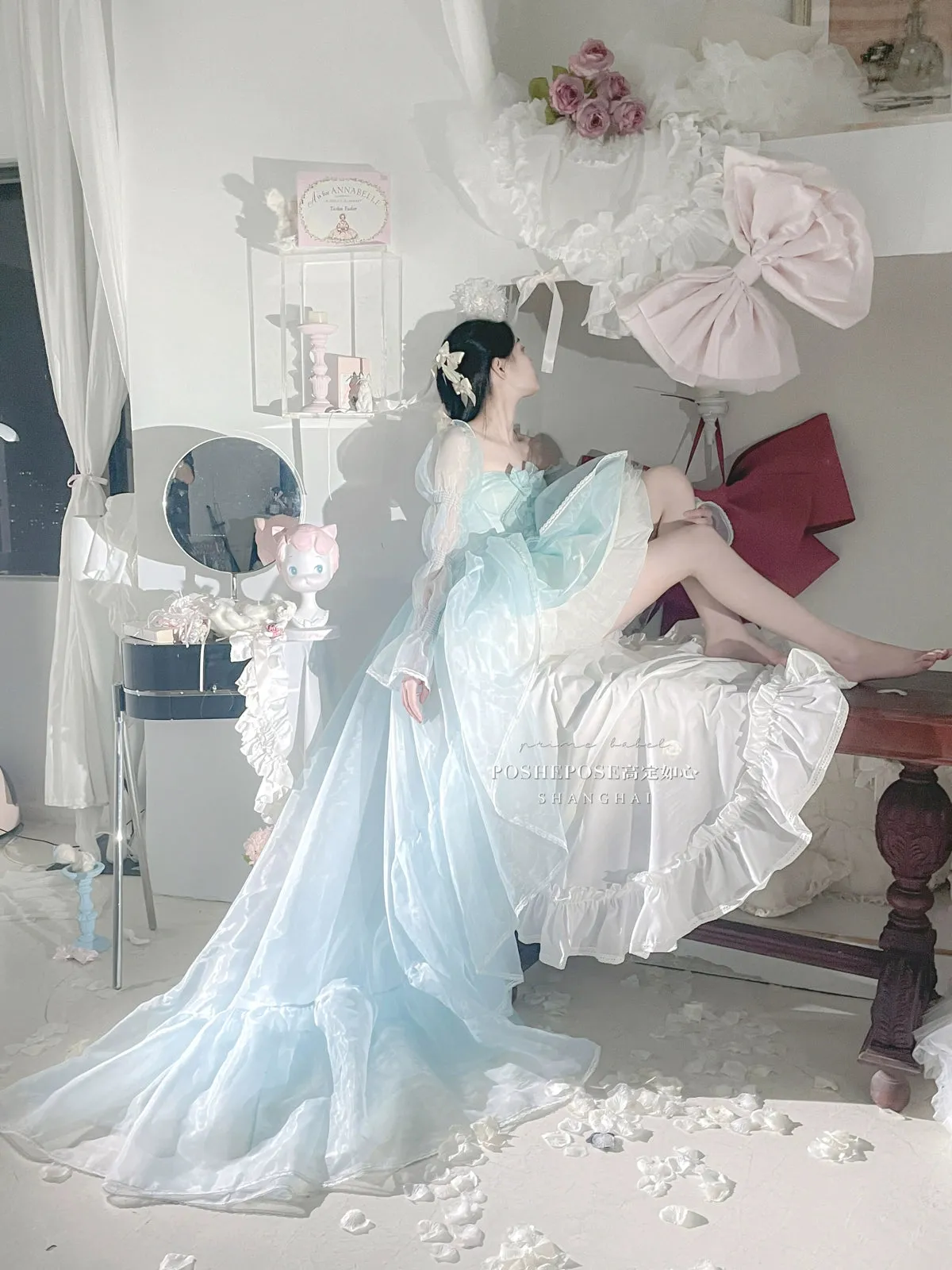 POSHEPOSE~Water Color Cherry~Gorgeous Blue Lolita JSK Dress Summer Gown Dress