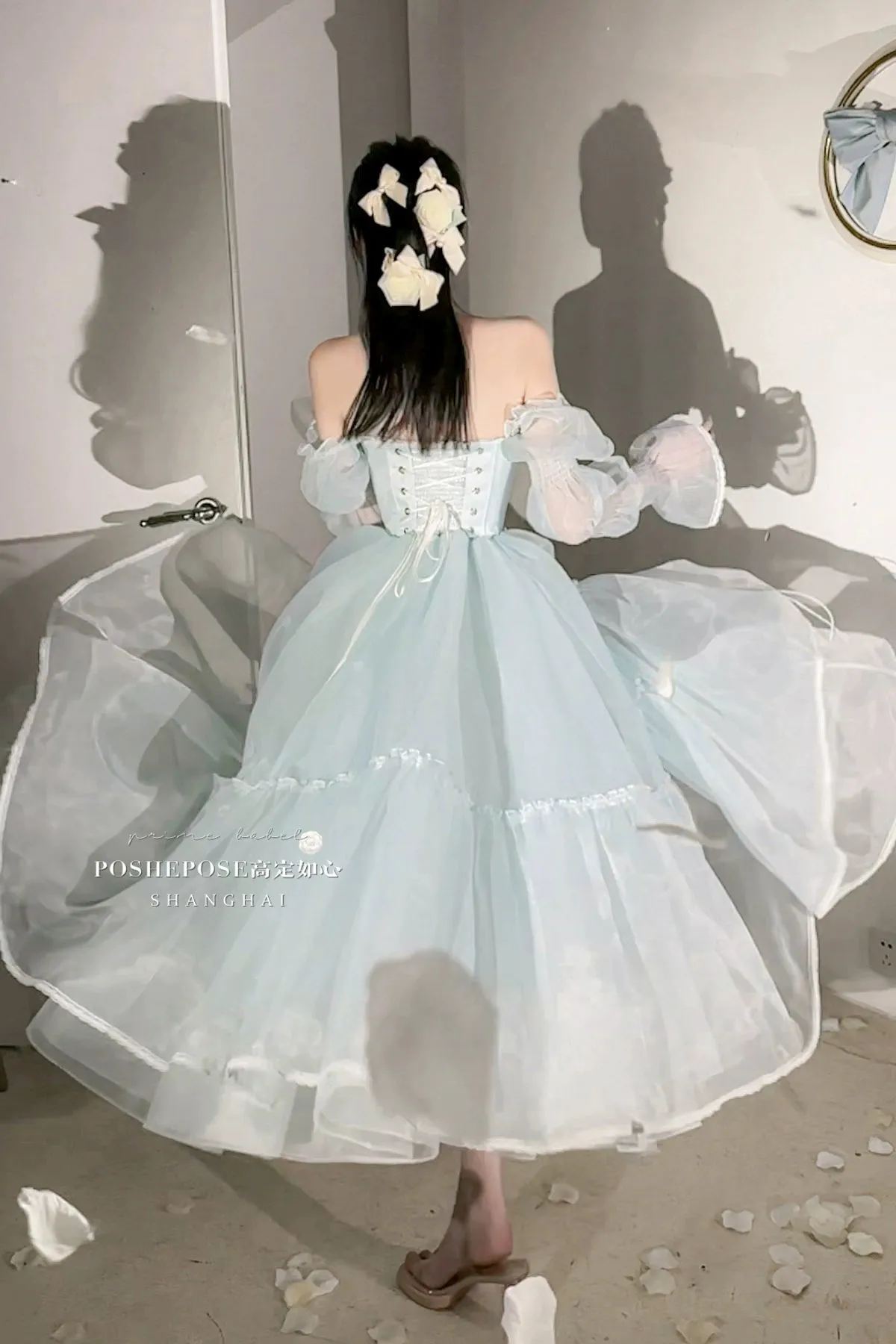 POSHEPOSE~Water Color Cherry~Gorgeous Blue Lolita JSK Dress Summer Gown Dress