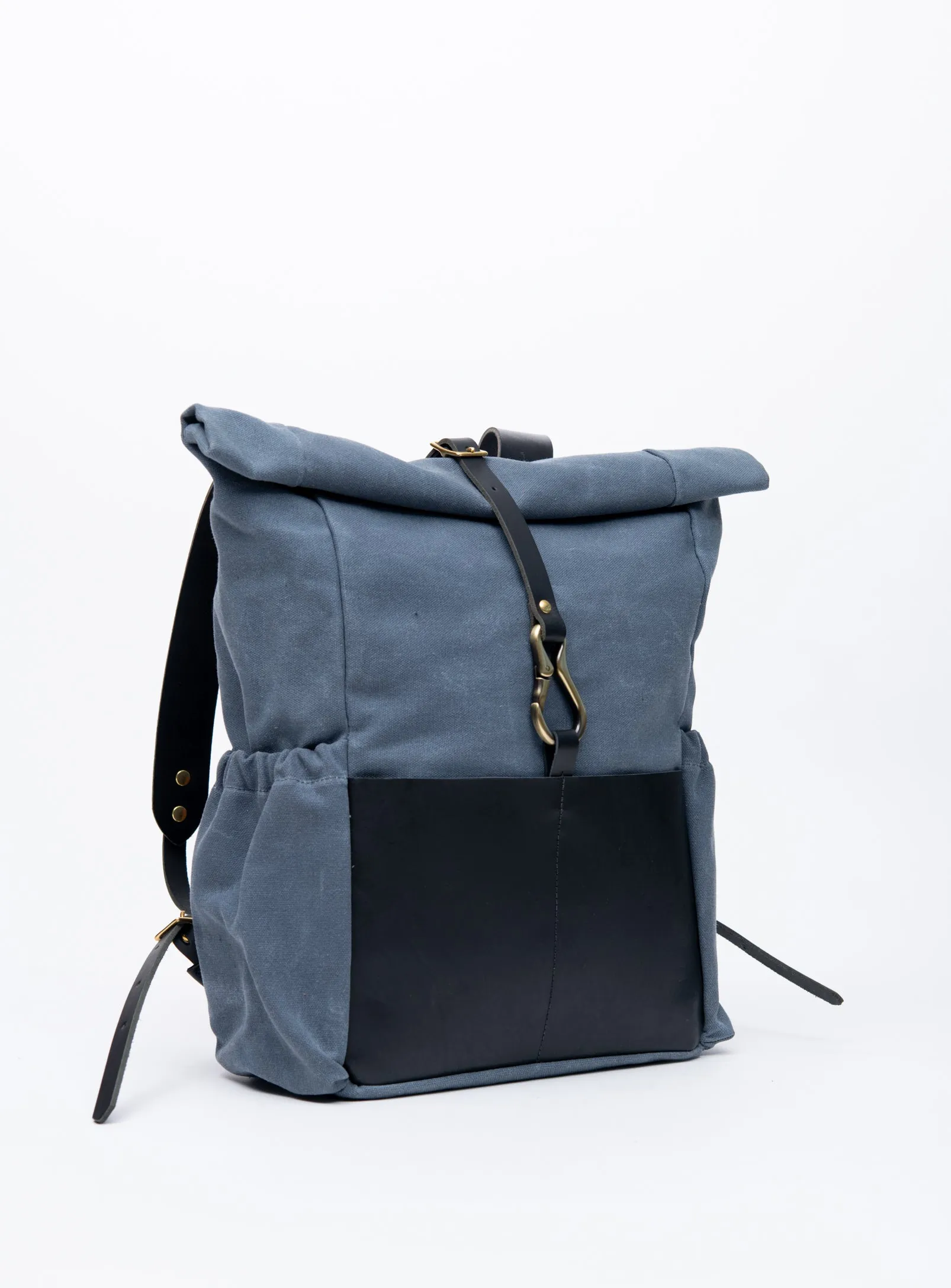 Roll top leather and waxed coton backpack DE LORIMIER model