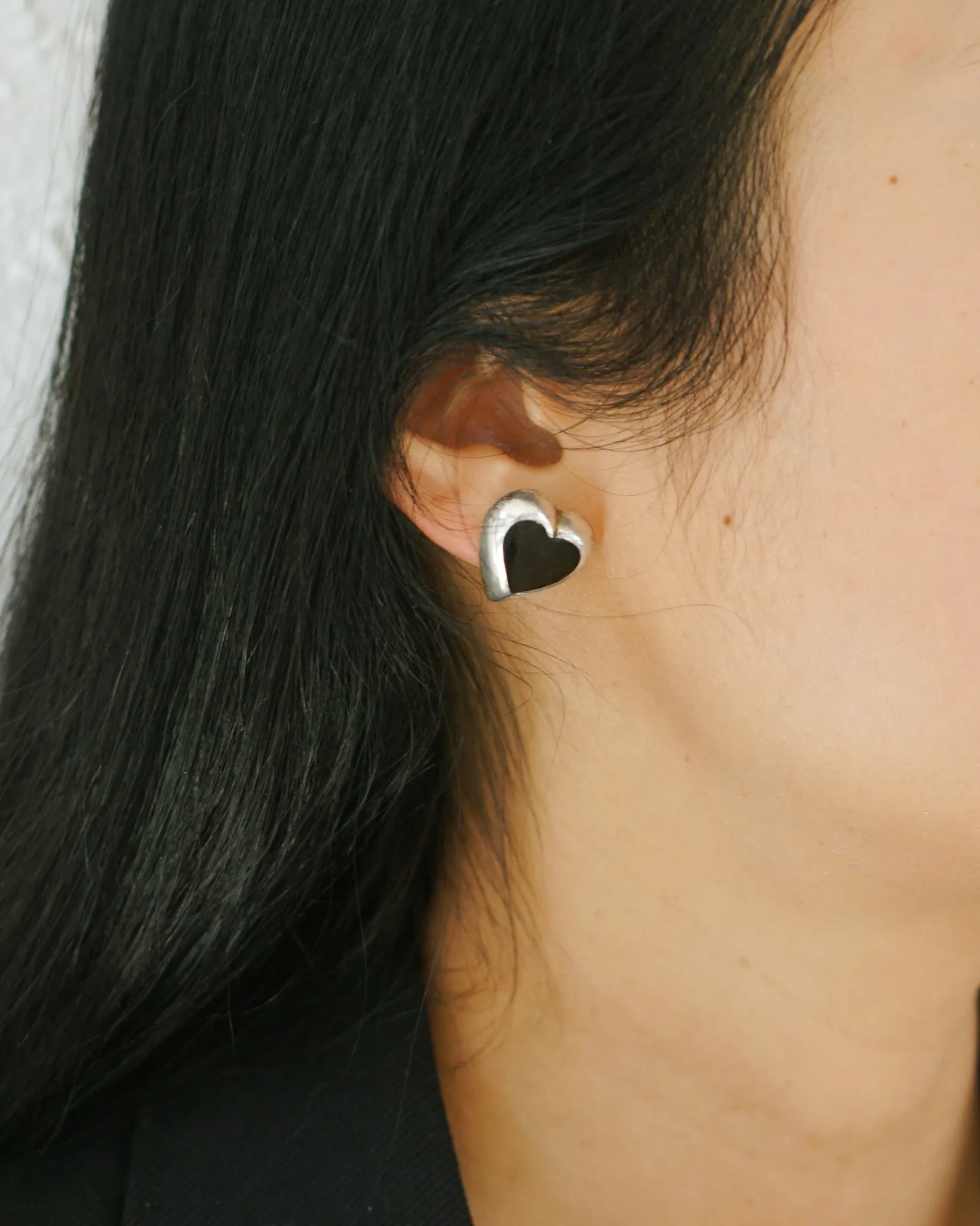 Silver x Onyx Heart Earrings