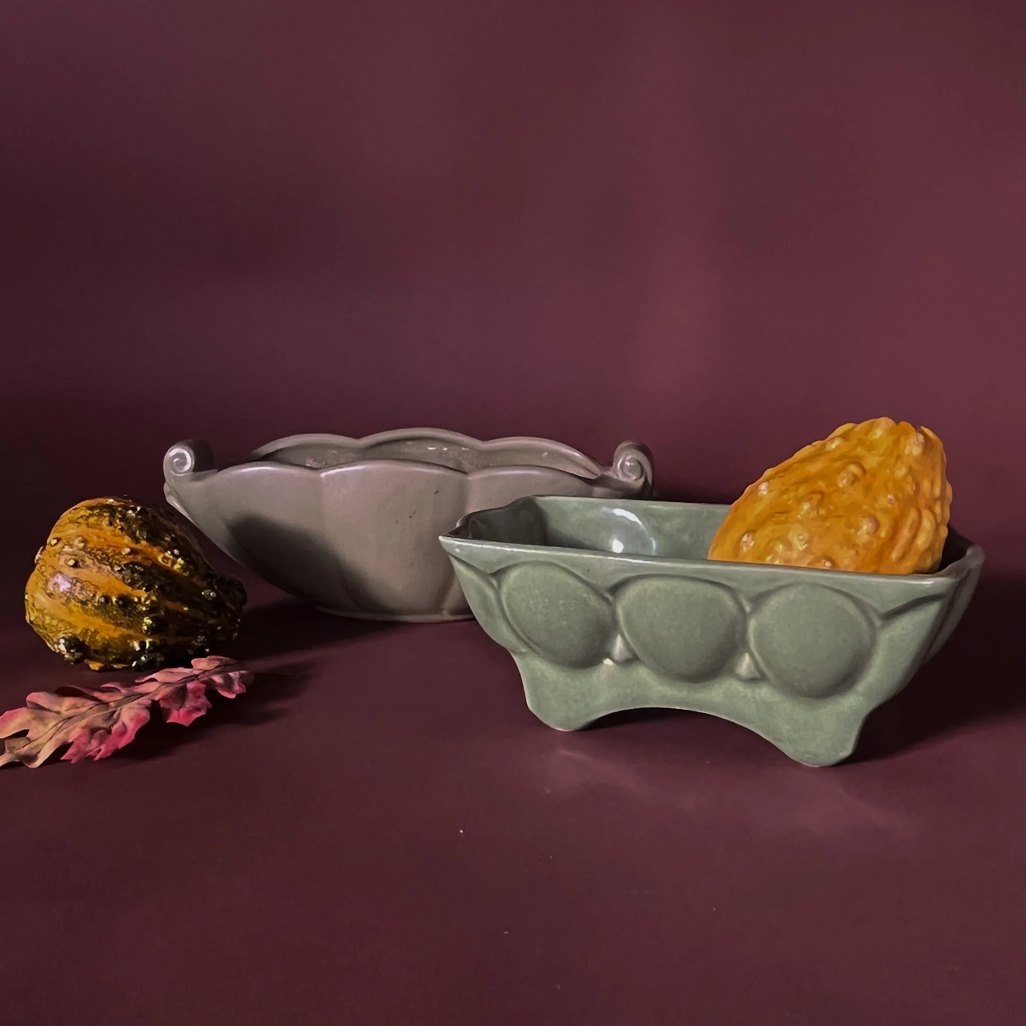 Vintage 1940s Green Ceramic Planters, Set of 2