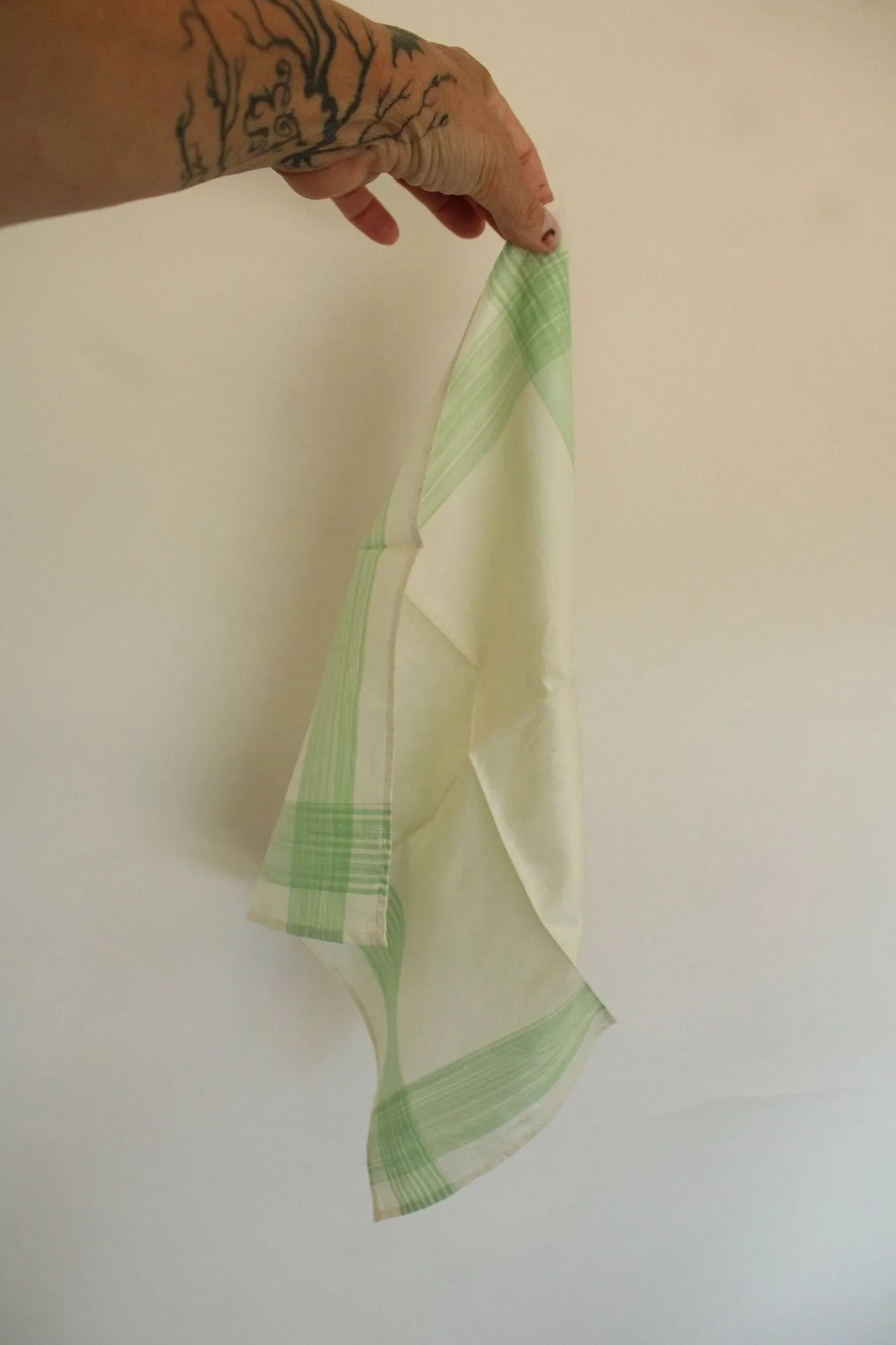 Vintage 1950s Handkerchief in Cream with Green Stripes