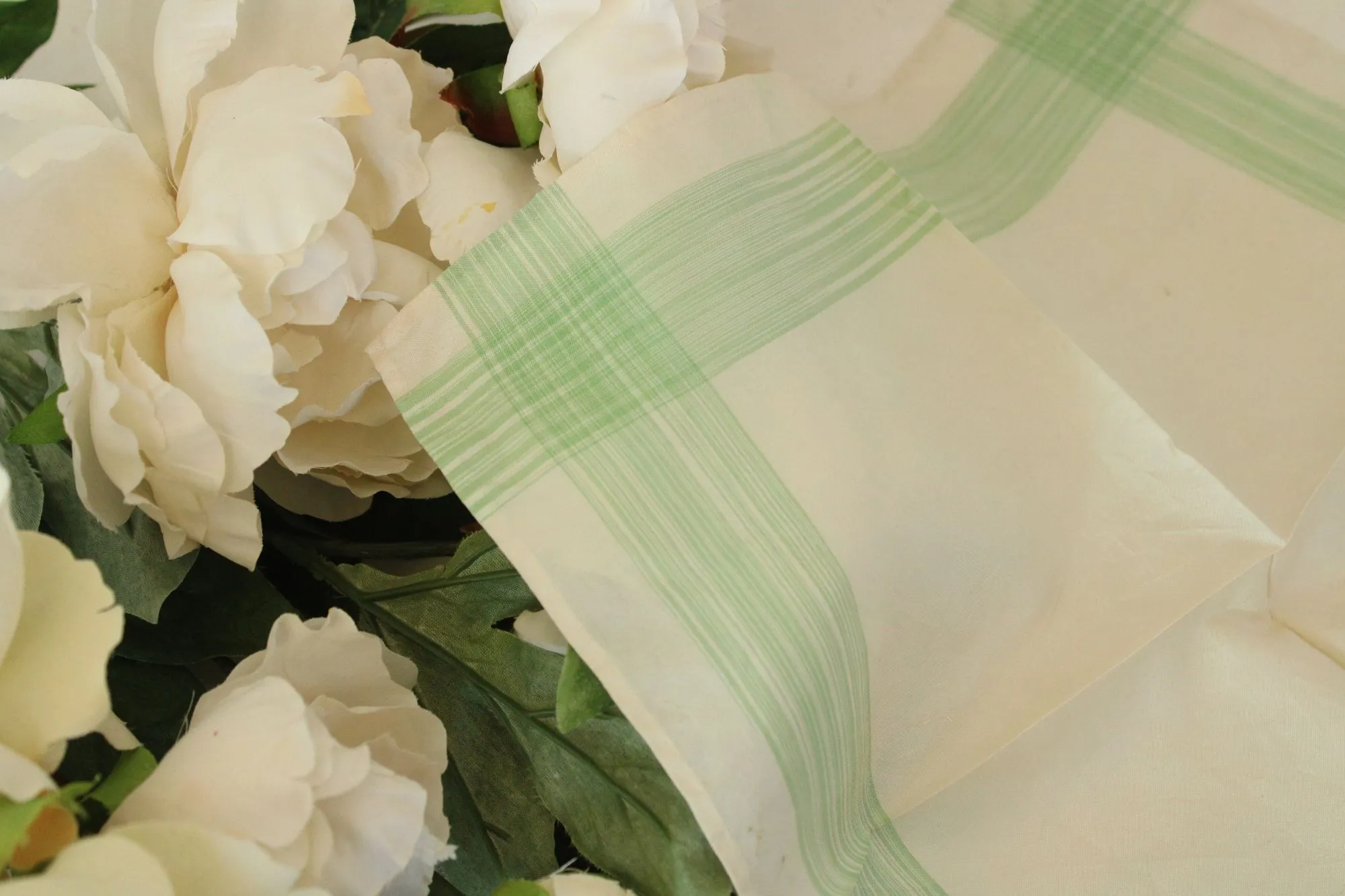 Vintage 1950s Handkerchief in Cream with Green Stripes